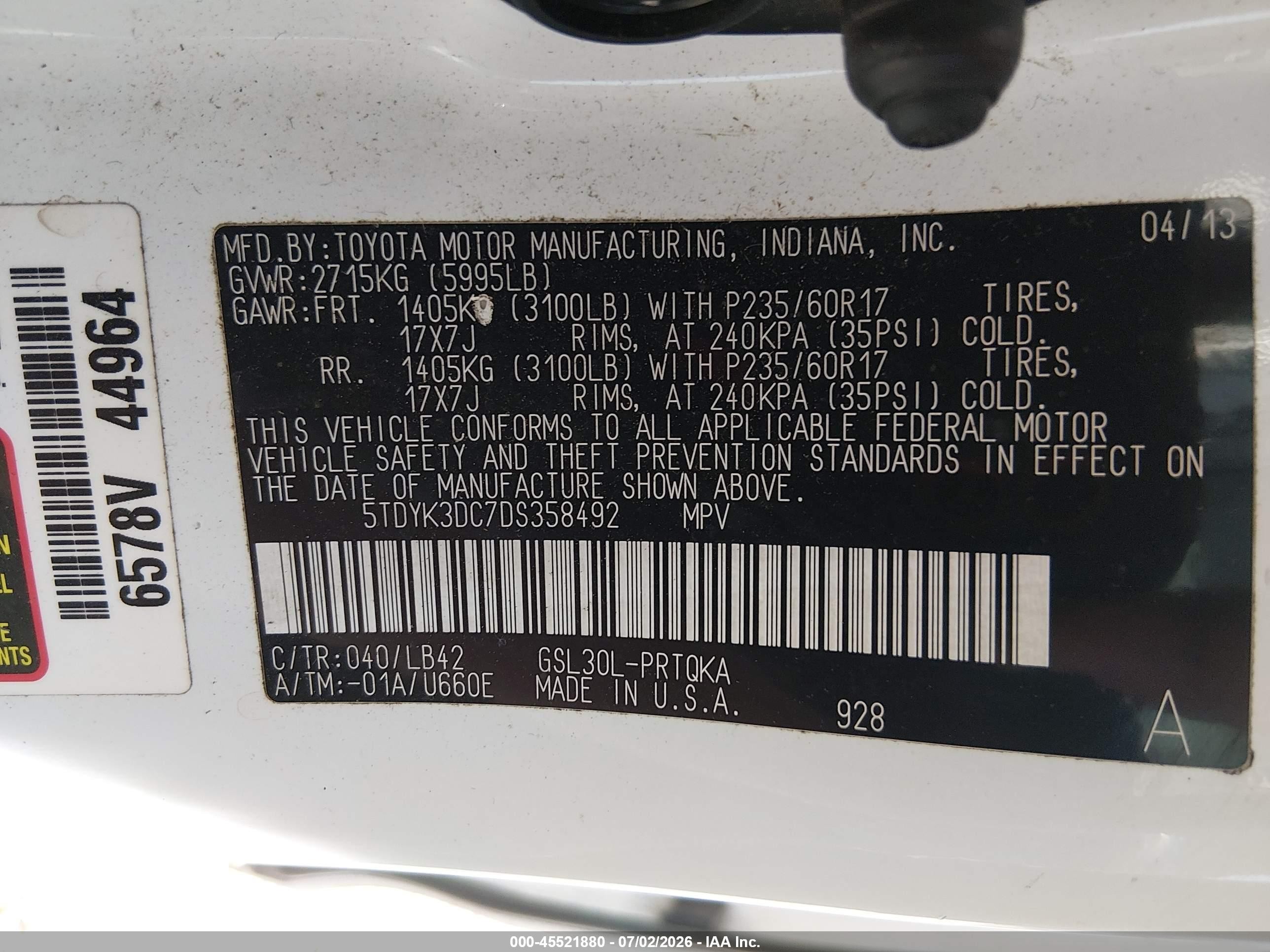 2013 Toyota Sienna Xle V6 8 Passenger White vin: 5TDYK3DC7DS358492