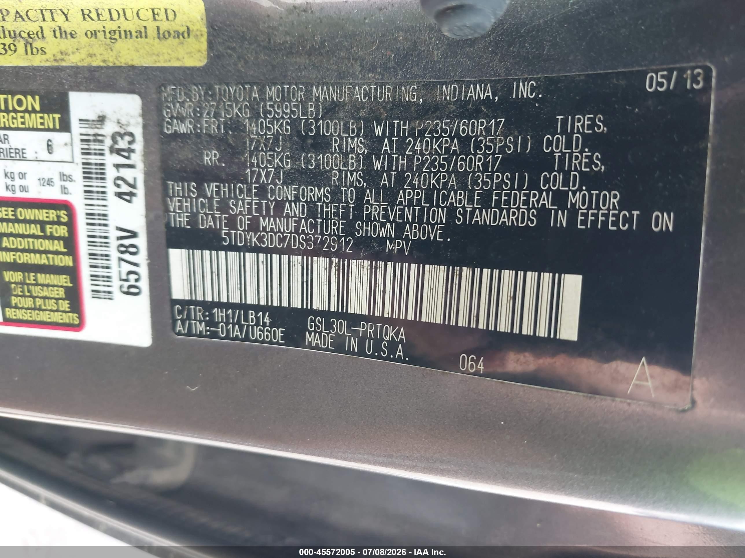 2013 Toyota Sienna Xle V6 8 Passenger Gray vin: 5TDYK3DC7DS372912
