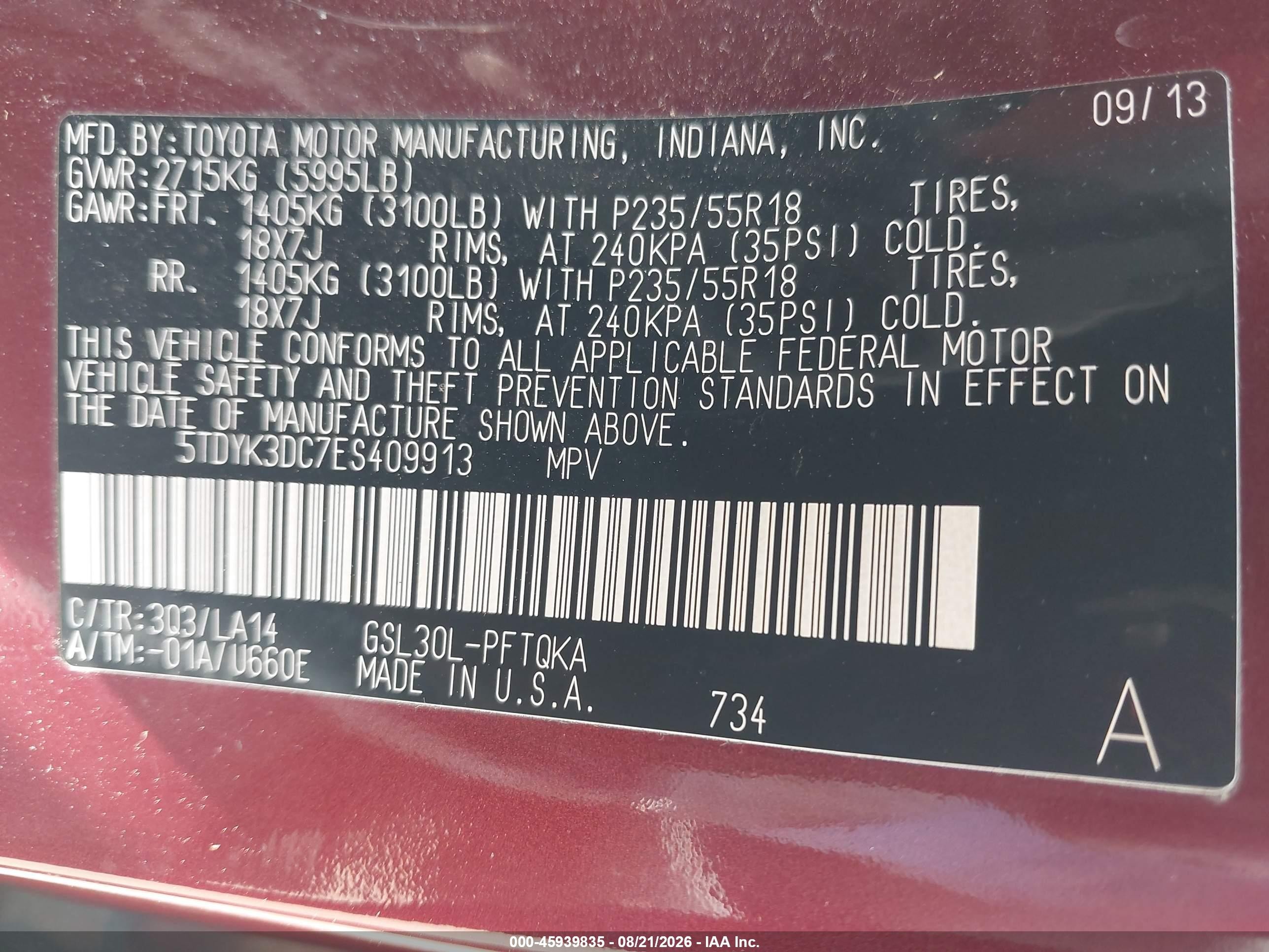2014 Toyota Sienna Limited V6 7 Passenger Red vin: 5TDYK3DC7ES409913
