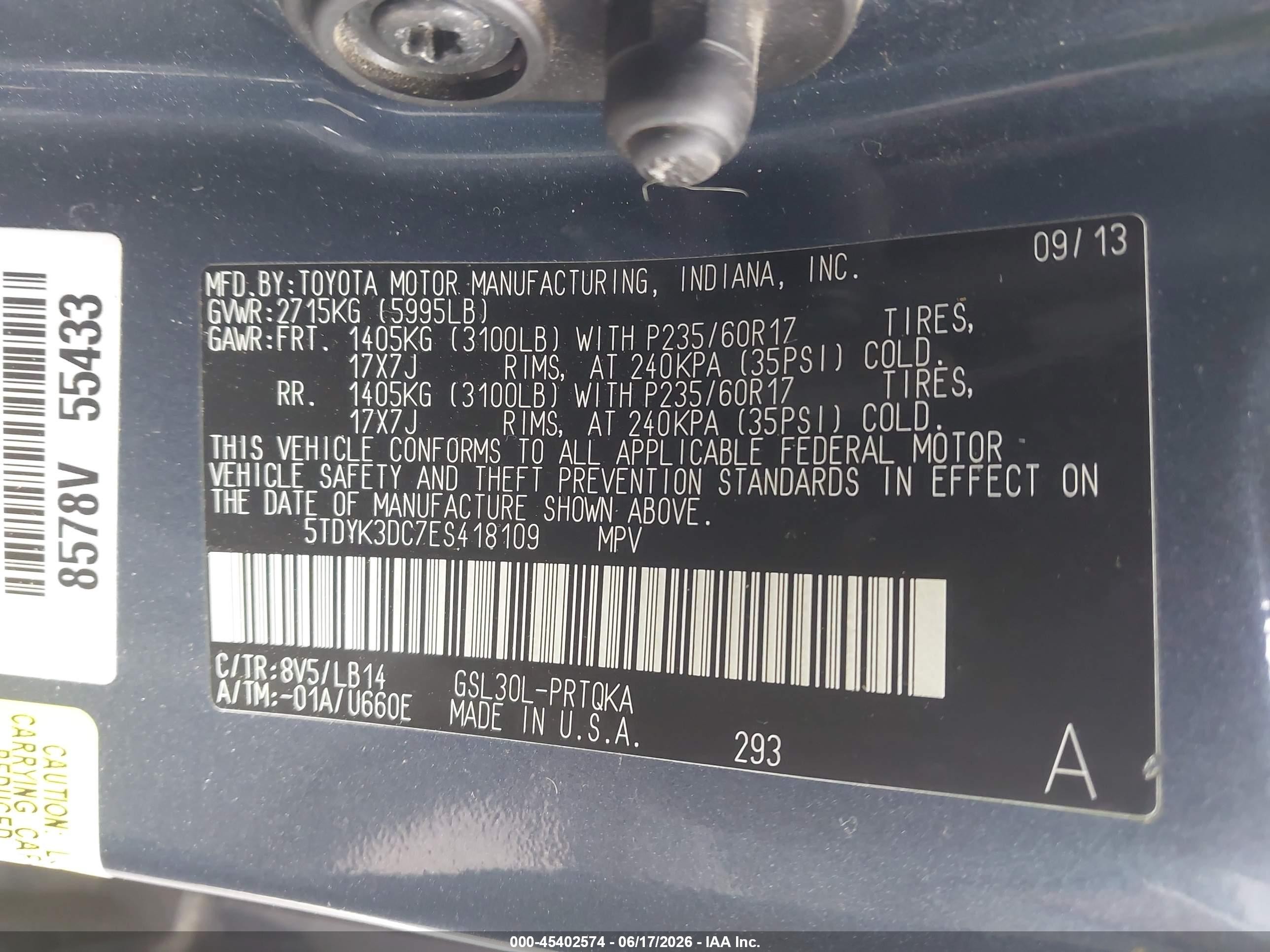 2014 Toyota Sienna Xle V6 8 Passenger Blue vin: 5TDYK3DC7ES418109