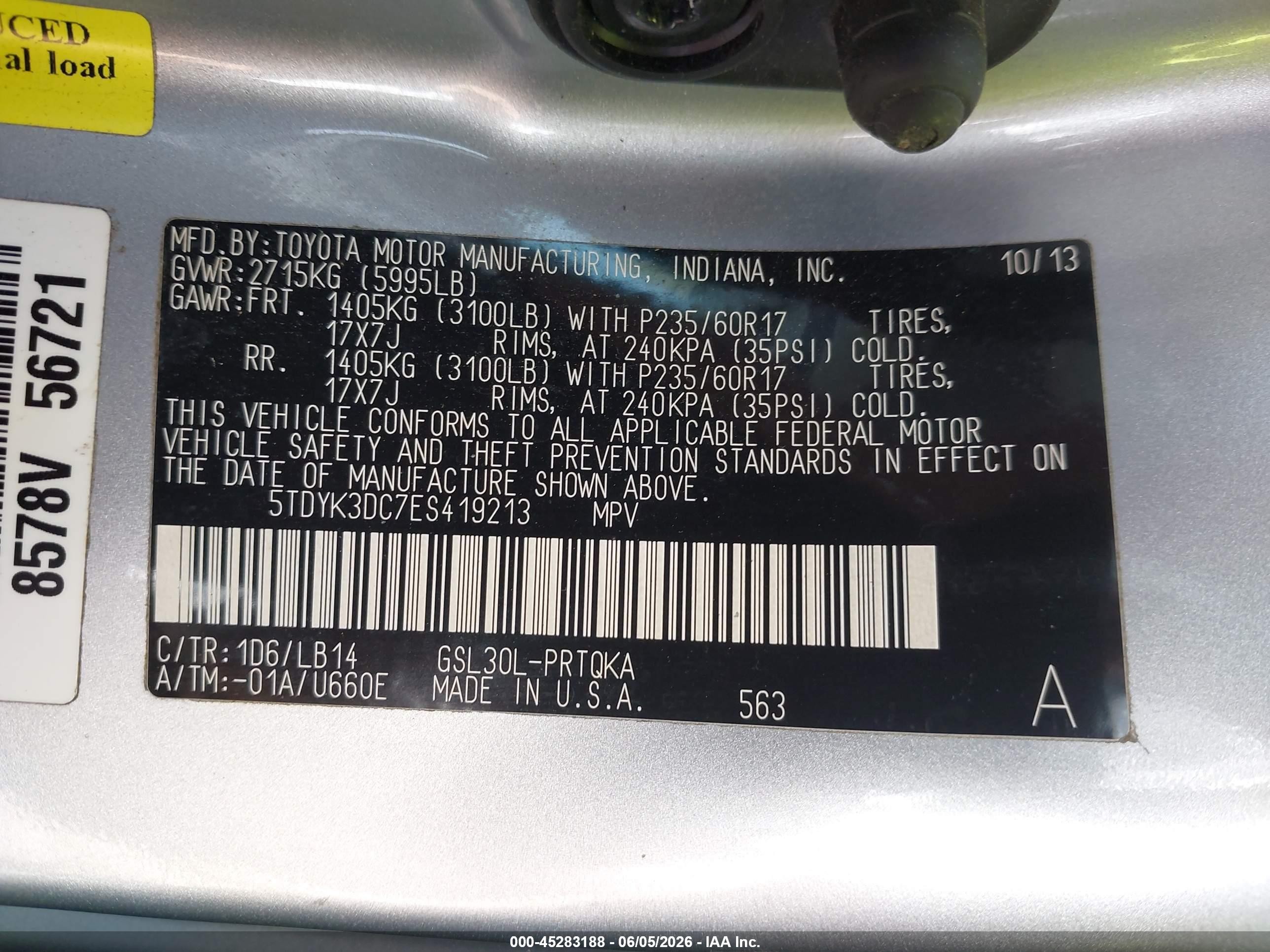 2014 Toyota Sienna Xle V6 8 Passenger Серебряный vin: 5TDYK3DC7ES419213