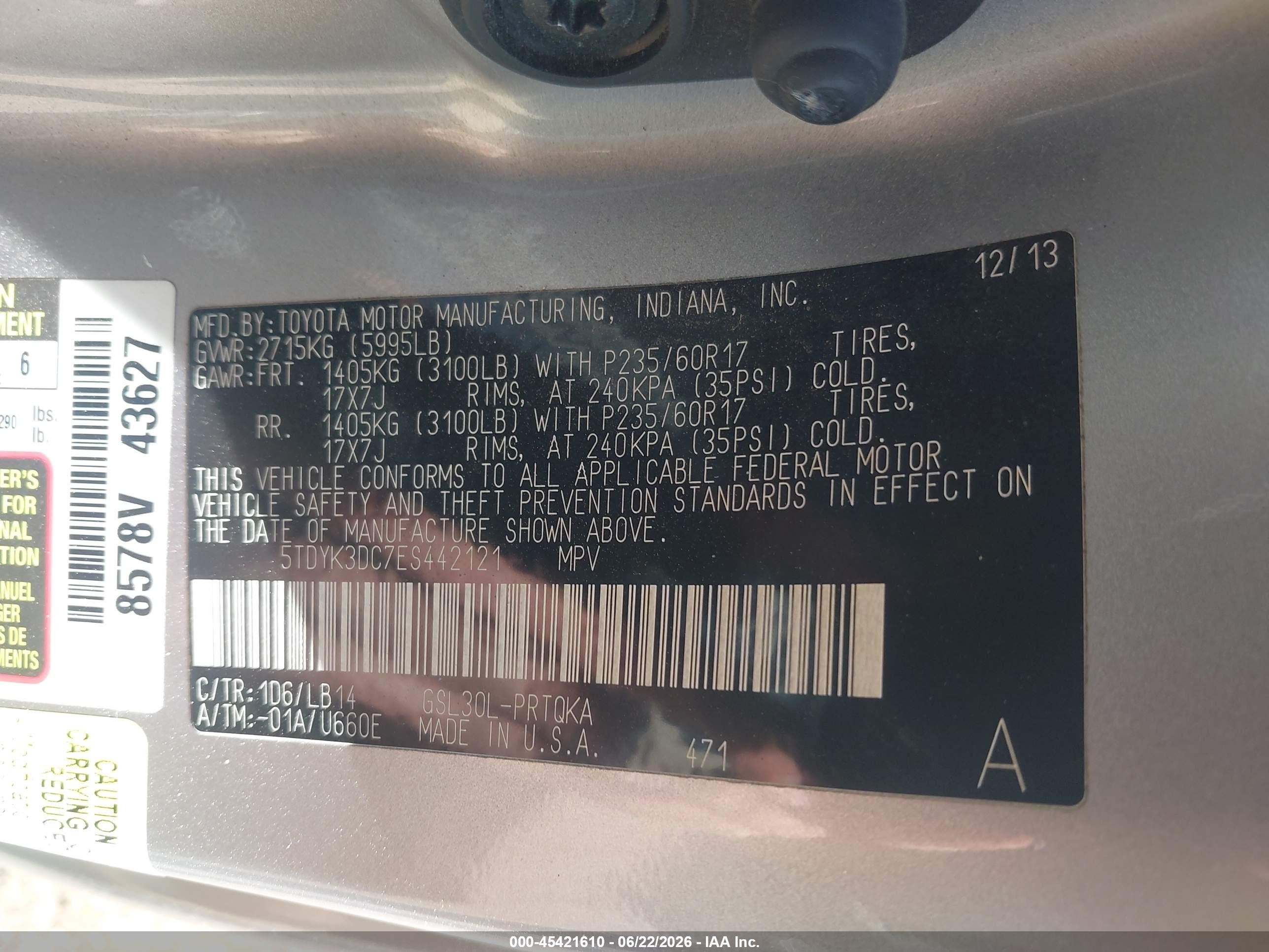 2014 Toyota Sienna Xle V6 8 Passenger Silver vin: 5TDYK3DC7ES442121