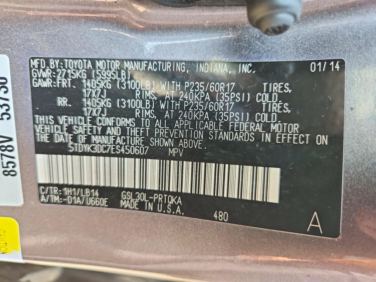 2014 Toyota Sienna Xle 8-passenger Charcoal vin: 5TDYK3DC7ES450607