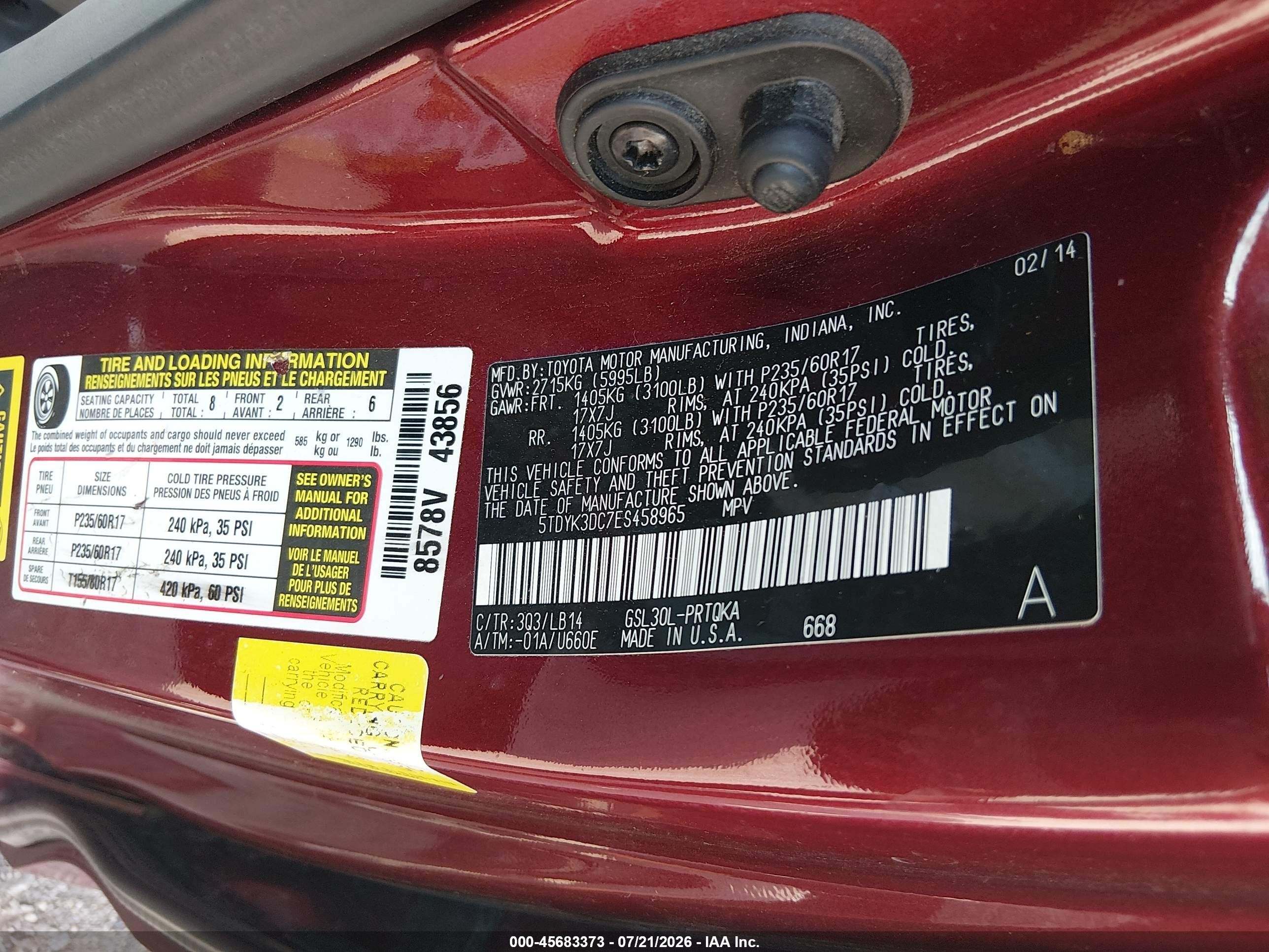 2014 Toyota Sienna Xle V6 8 Passenger Темно-бордовый vin: 5TDYK3DC7ES458965