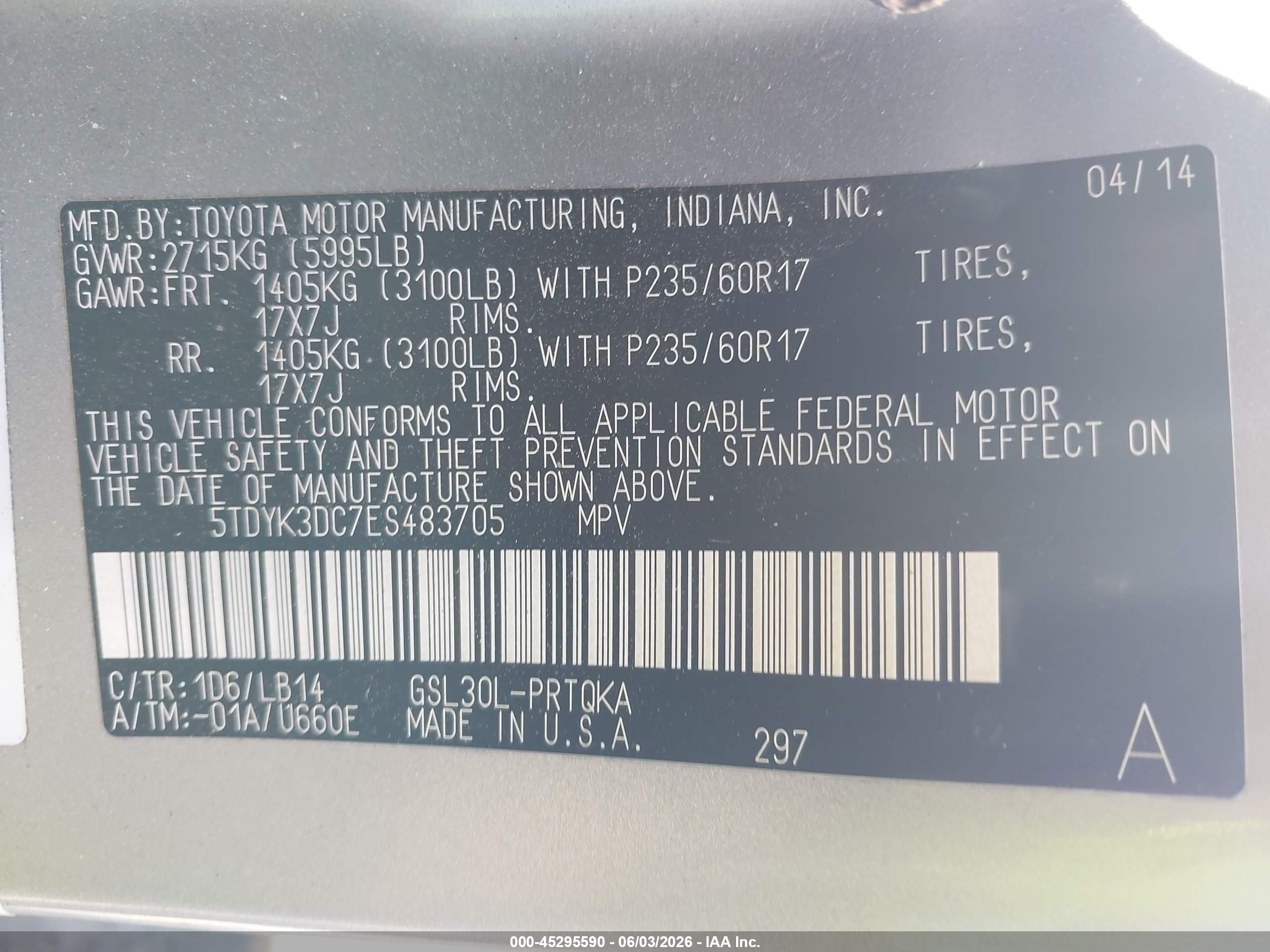 2014 Toyota Sienna Xle V6 8 Passenger Gray vin: 5TDYK3DC7ES483705