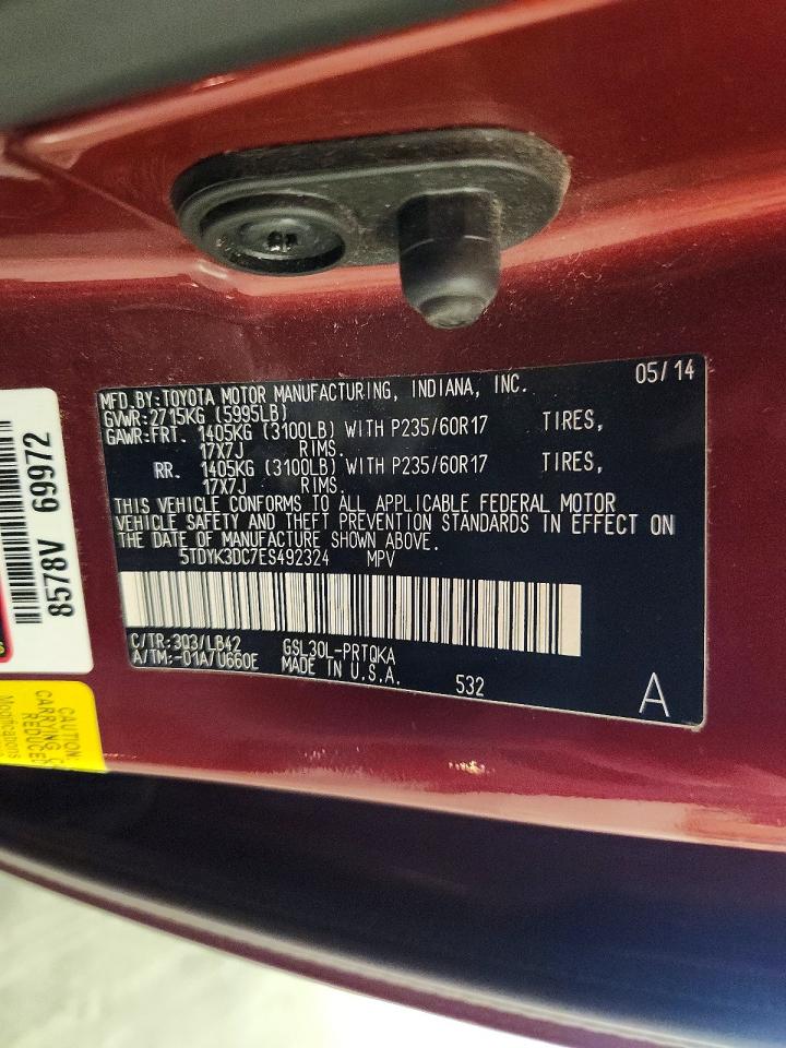 2014 Toyota Sienna Xle 8-passenger Maroon vin: 5TDYK3DC7ES492324