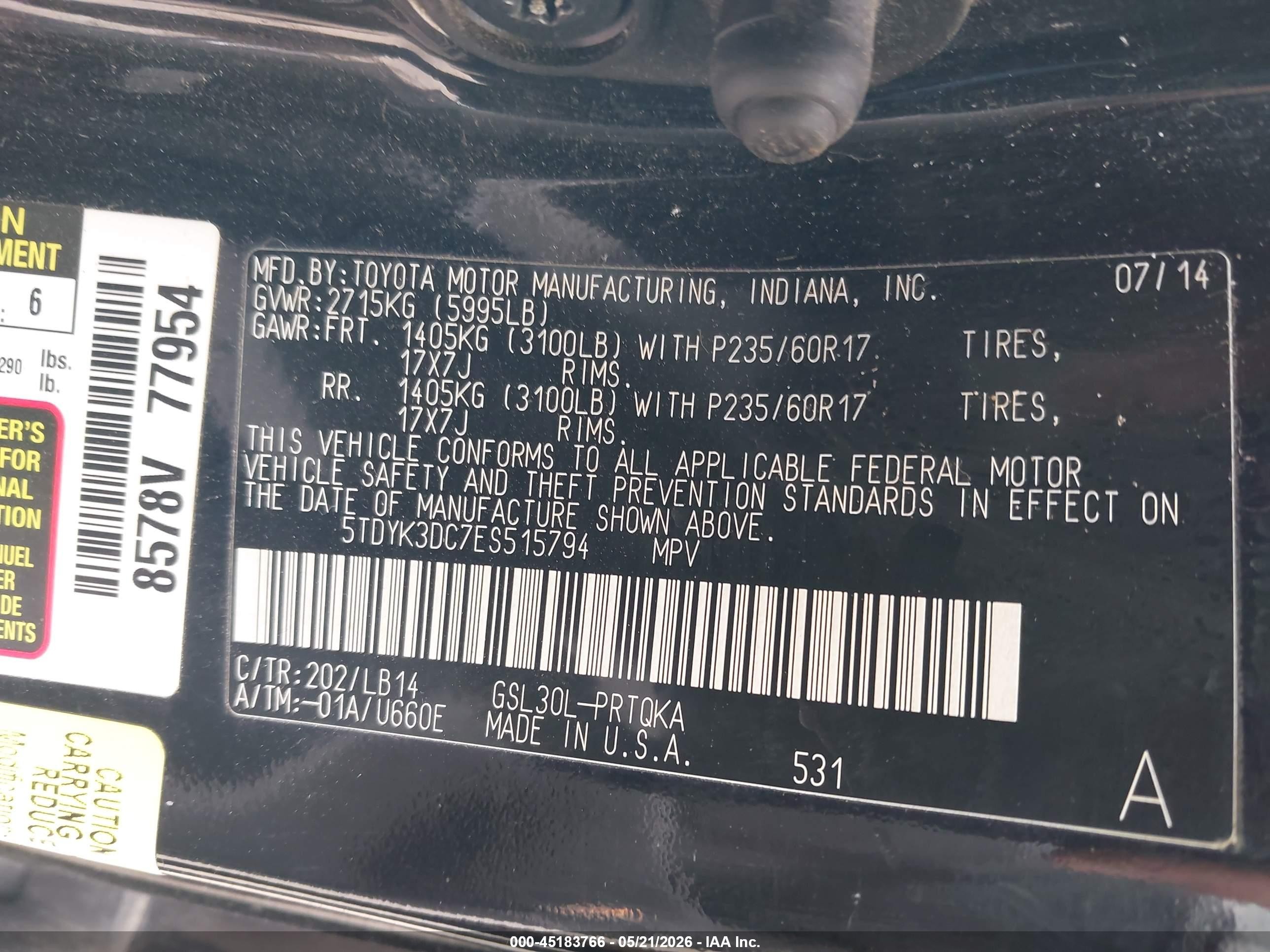 2014 Toyota Sienna Xle V6 8 Passenger Черный vin: 5TDYK3DC7ES515794