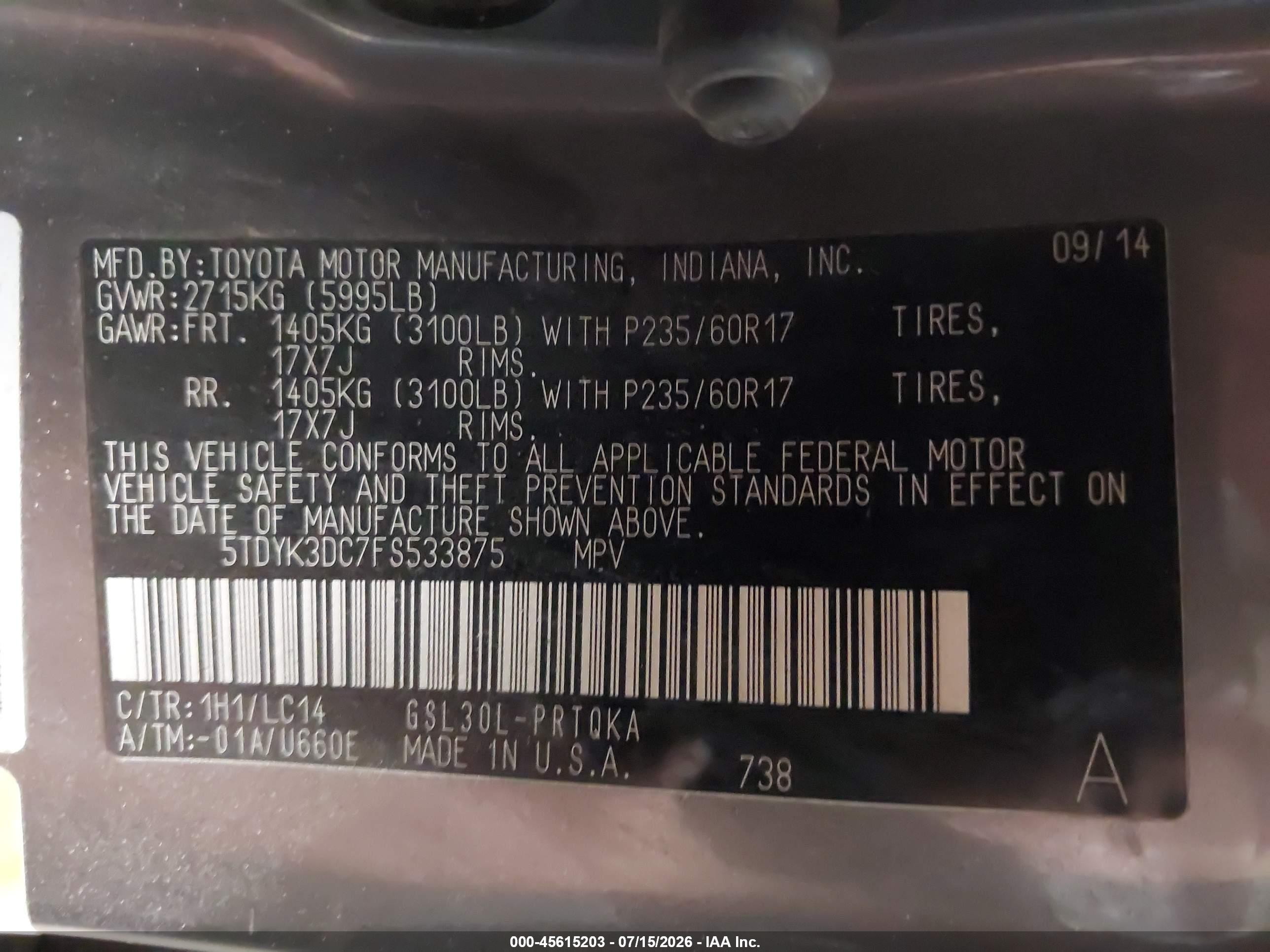 2015 Toyota Sienna Xle 8 Passenger Gray vin: 5TDYK3DC7FS533875