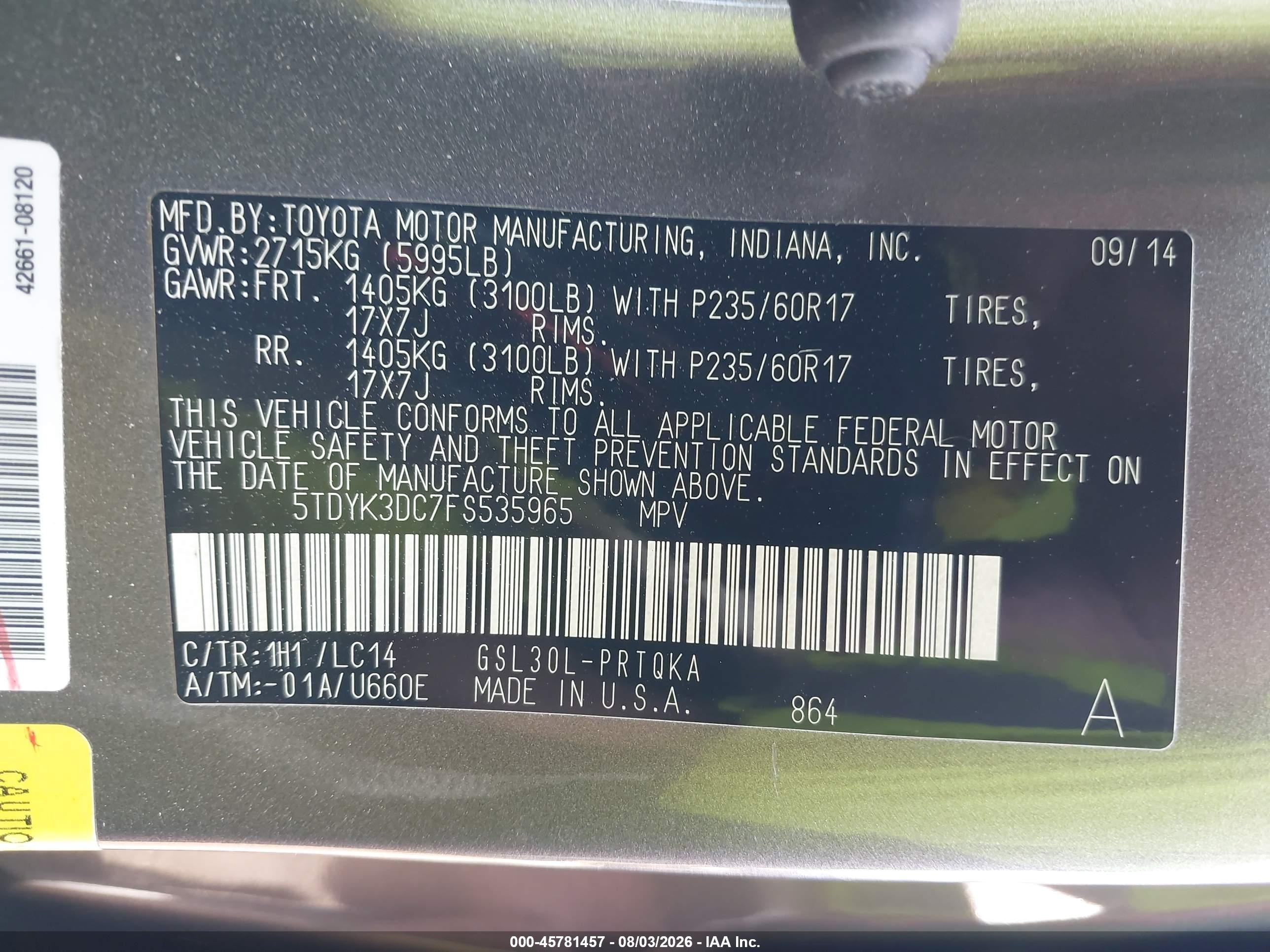 2015 Toyota Sienna Xle 8 Passenger Gray vin: 5TDYK3DC7FS535965