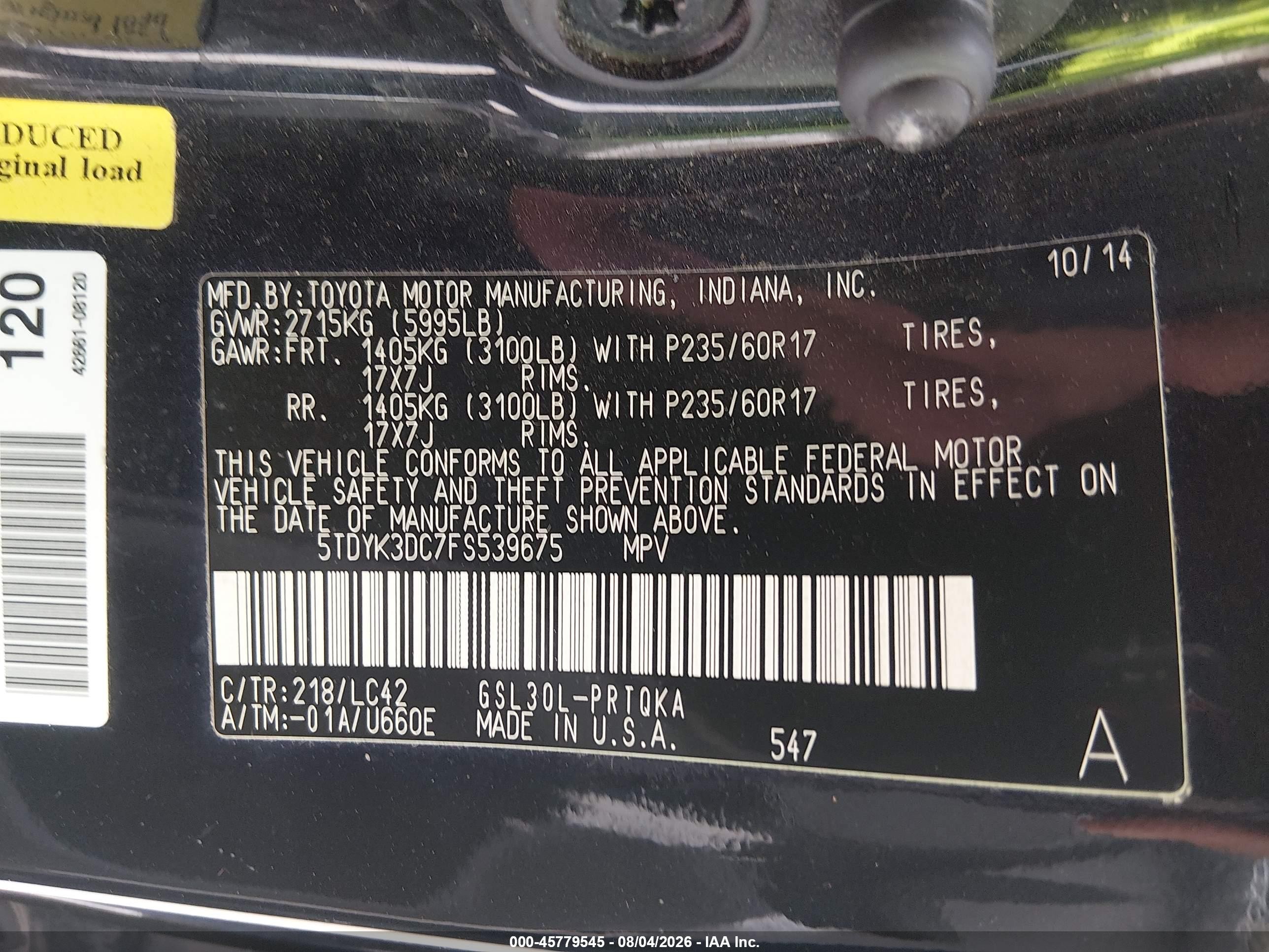 2015 Toyota Sienna Xle 8 Passenger Black vin: 5TDYK3DC7FS539675