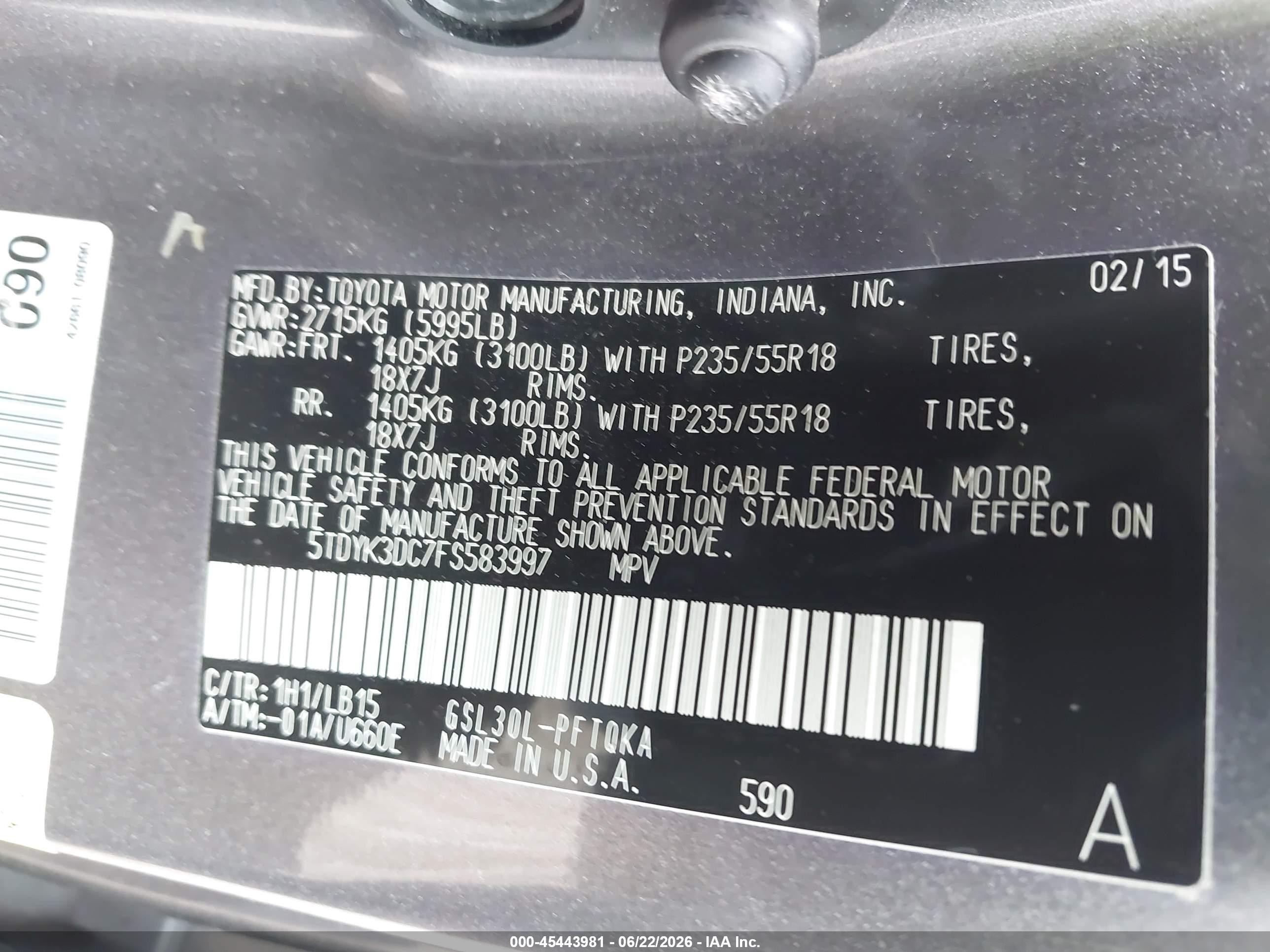 2015 Toyota Sienna Limited Premium 7 Passenger Gray vin: 5TDYK3DC7FS583997