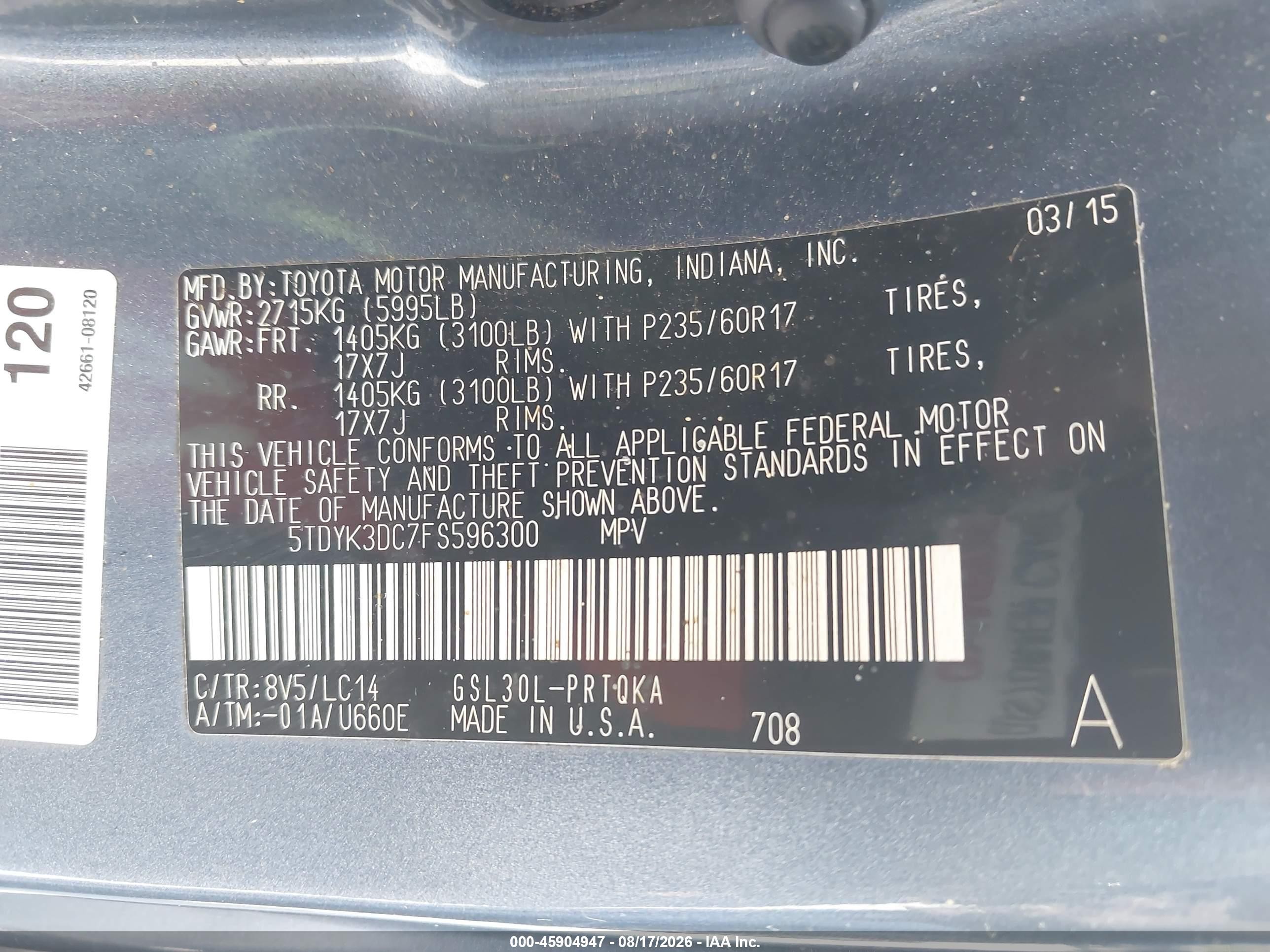 2015 Toyota Sienna Xle 8 Passenger Blue vin: 5TDYK3DC7FS596300