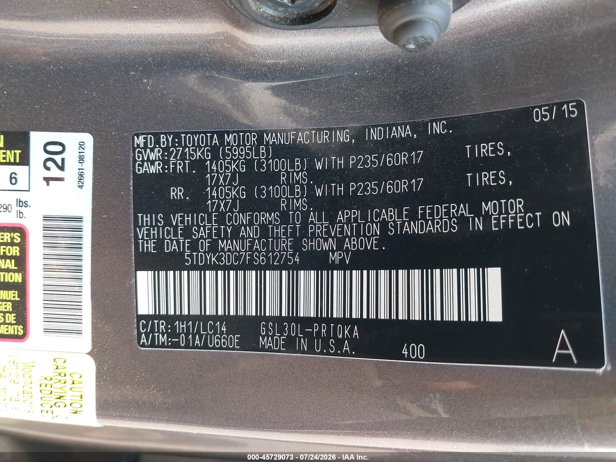 2015 Toyota Sienna Xle 8 Passenger Gray vin: 5TDYK3DC7FS612754