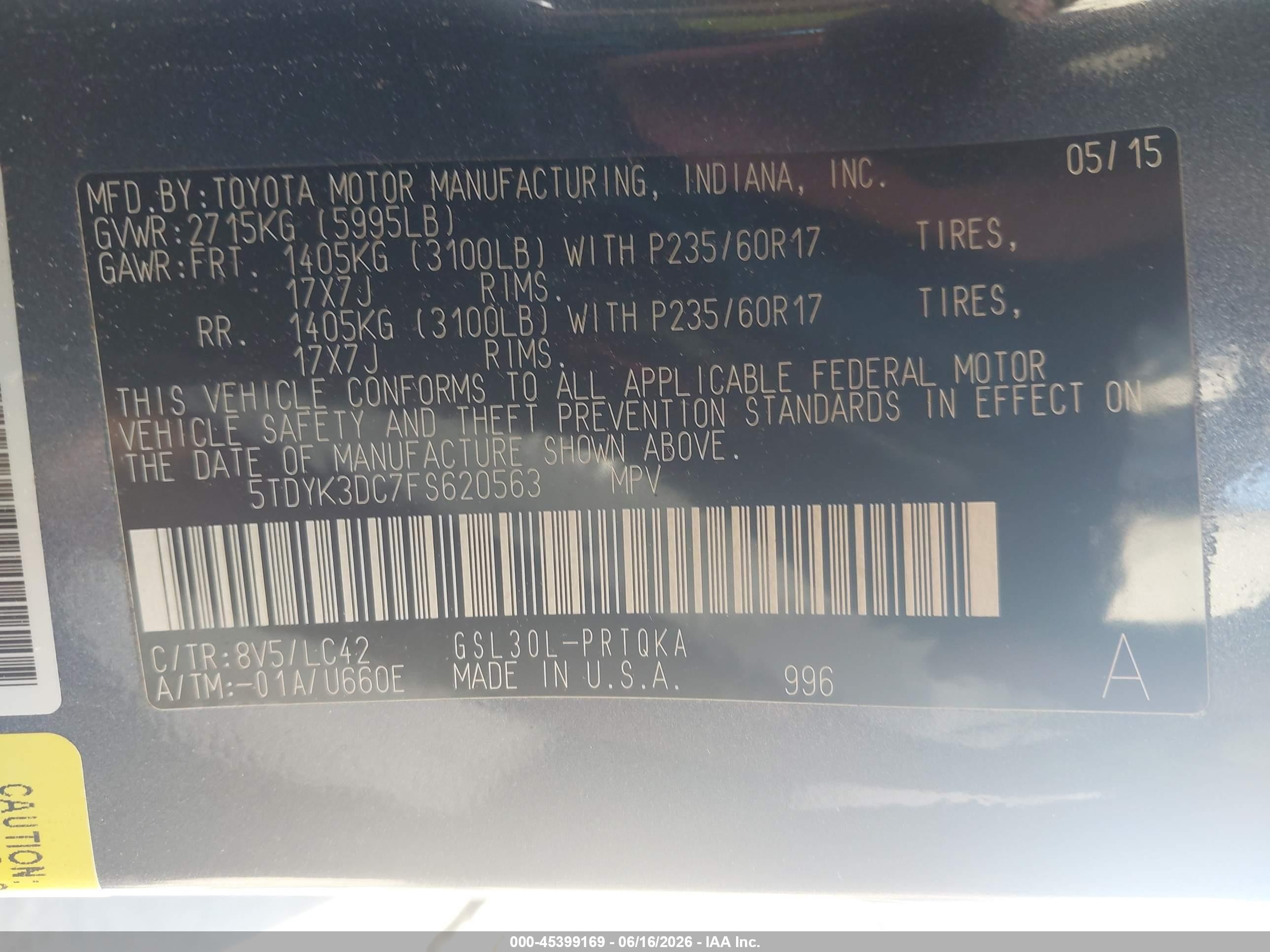 2015 Toyota Sienna Xle Premium 8 Passenger Blue vin: 5TDYK3DC7FS620563