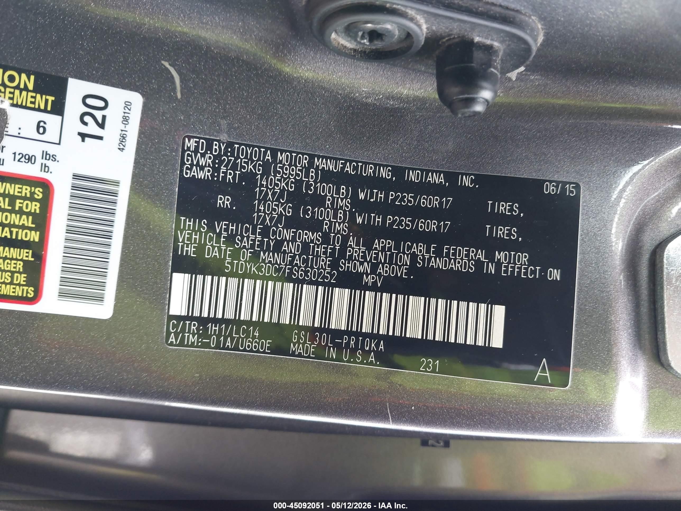 2015 Toyota Sienna Xle 8 Passenger Gray vin: 5TDYK3DC7FS630252