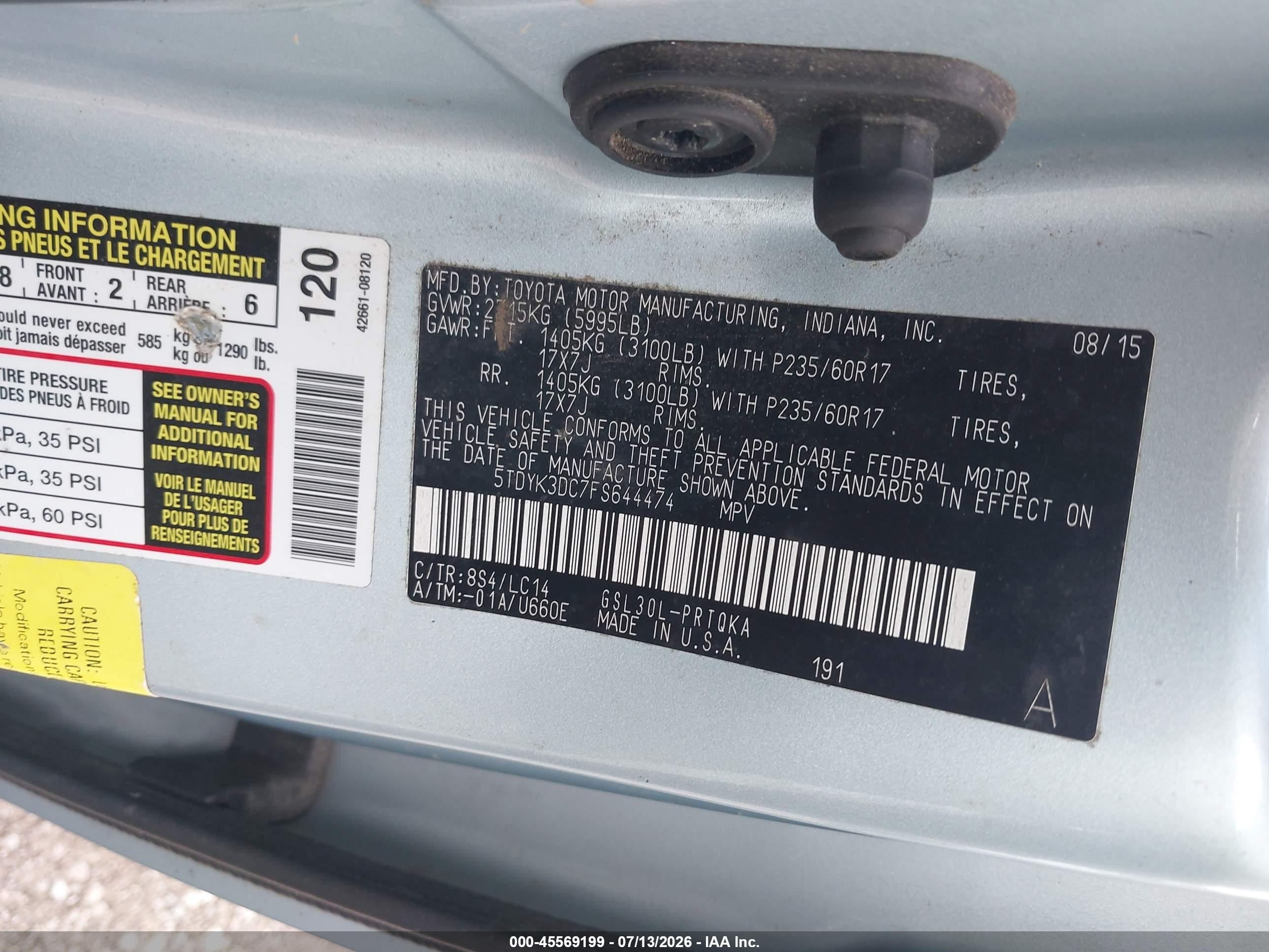 2015 Toyota Sienna Xle 8 Passenger Blue vin: 5TDYK3DC7FS644474
