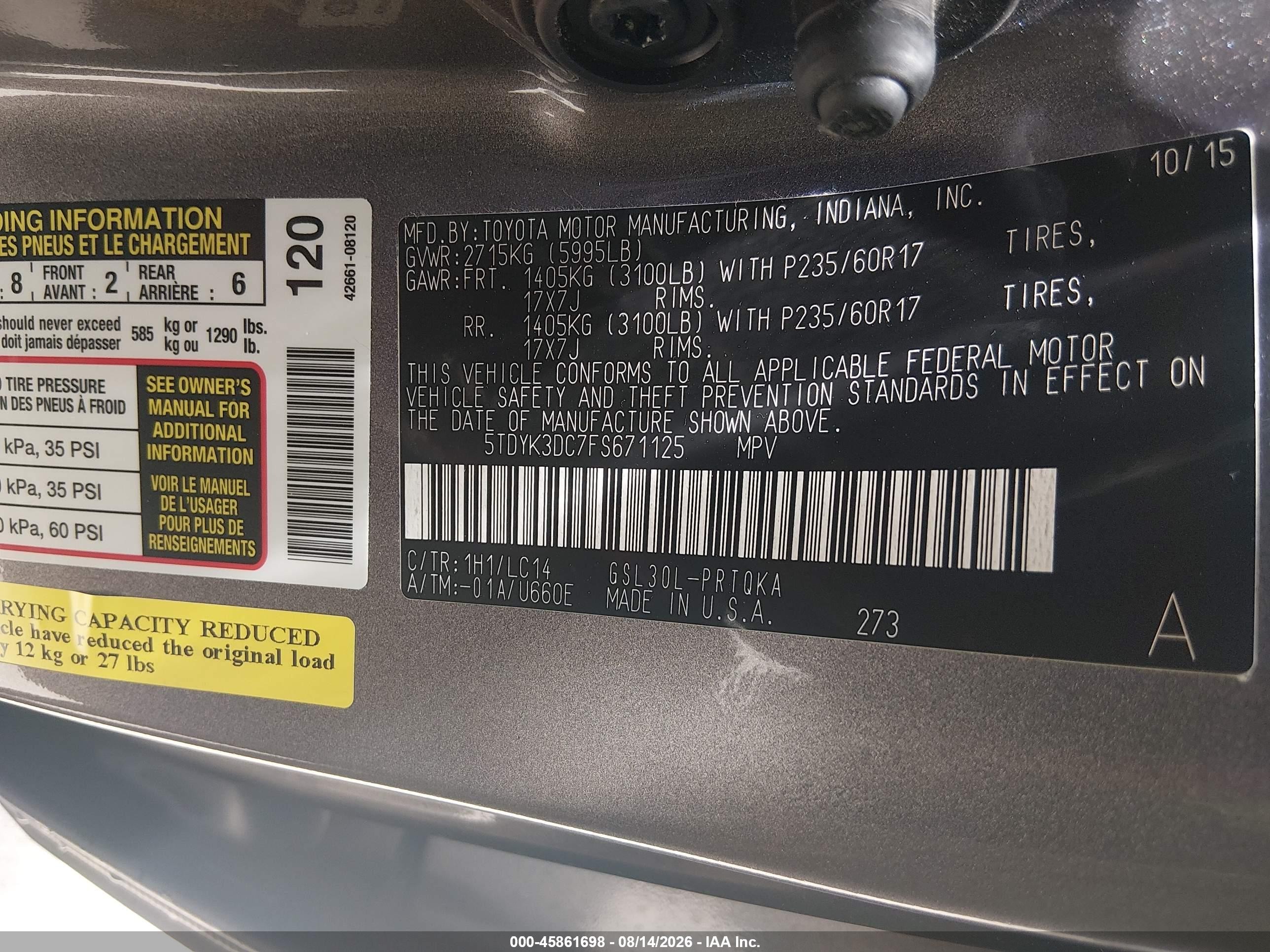 2015 Toyota Sienna Xle 8 Passenger Gray vin: 5TDYK3DC7FS671125