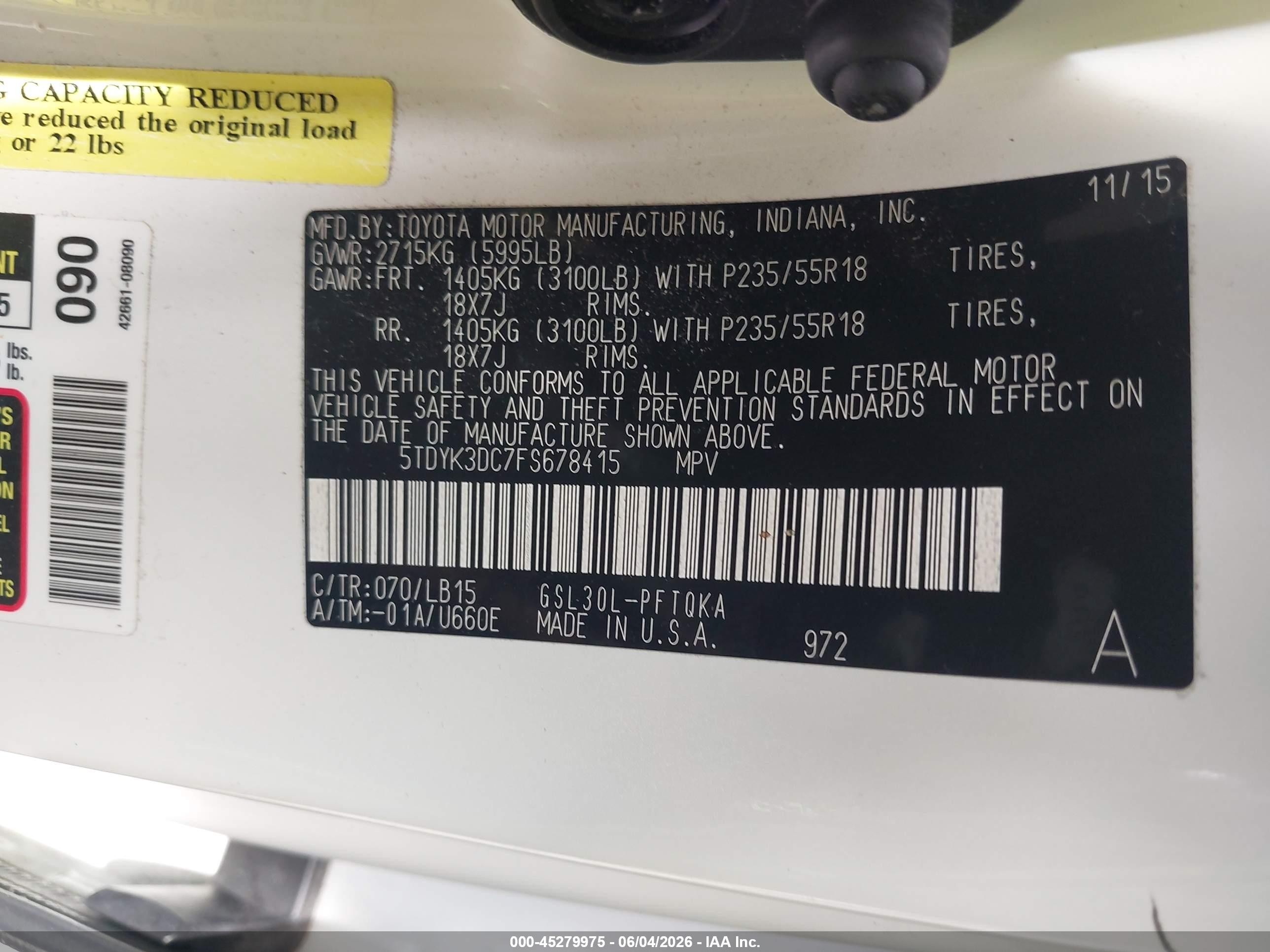 2015 Toyota Sienna Limited 7 Passenger White vin: 5TDYK3DC7FS678415