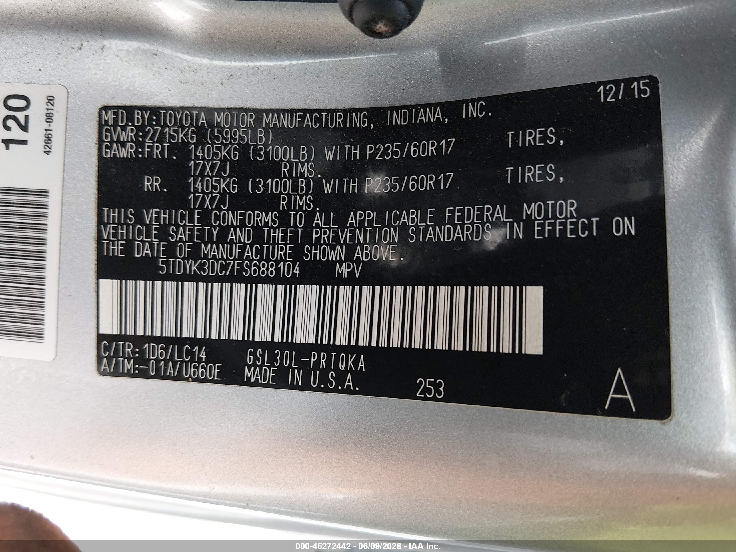 2015 Toyota Sienna Xle 8 Passenger Silver vin: 5TDYK3DC7FS688104