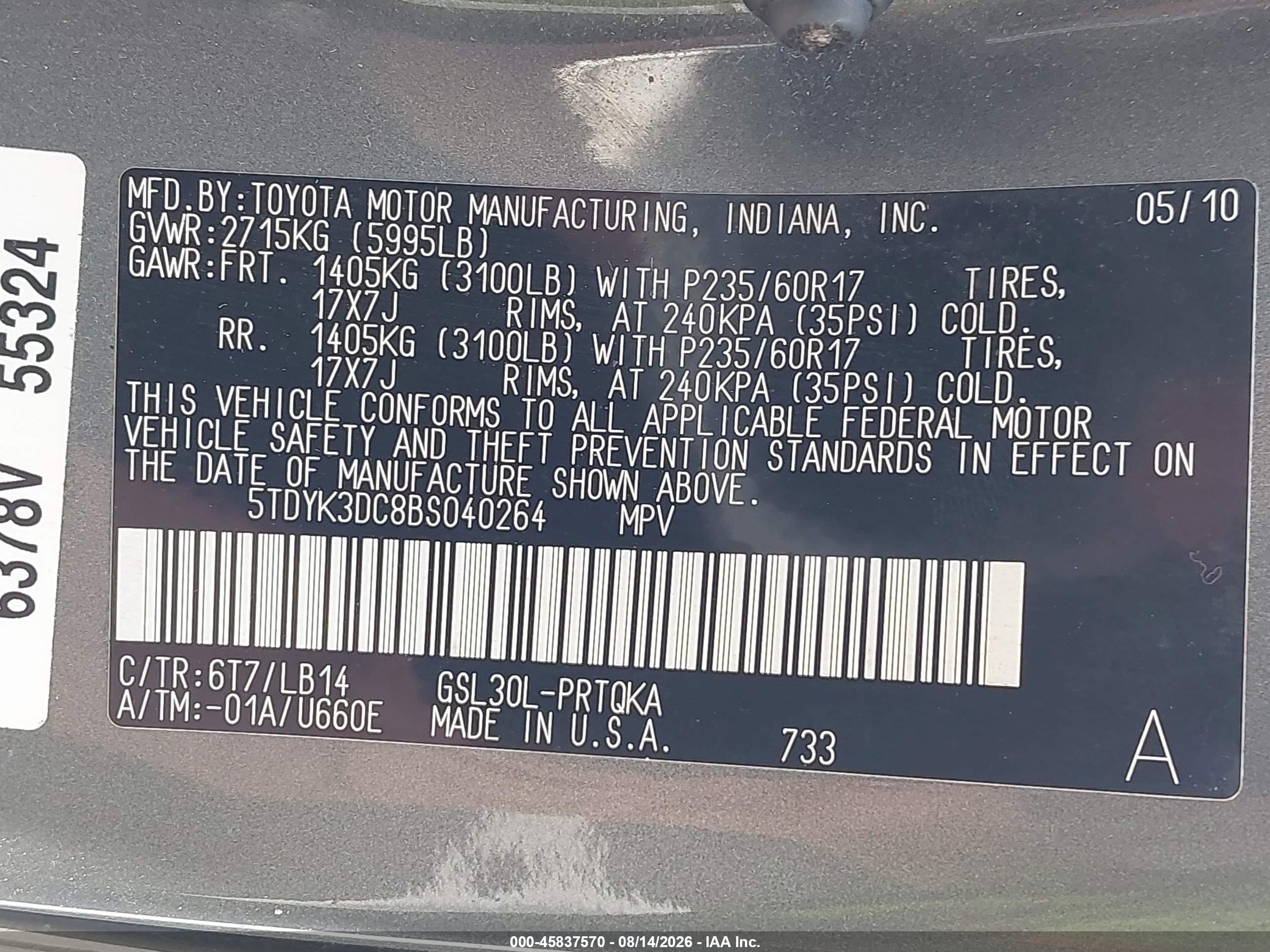 2011 Toyota Sienna Xle/limited Green vin: 5TDYK3DC8BS040264