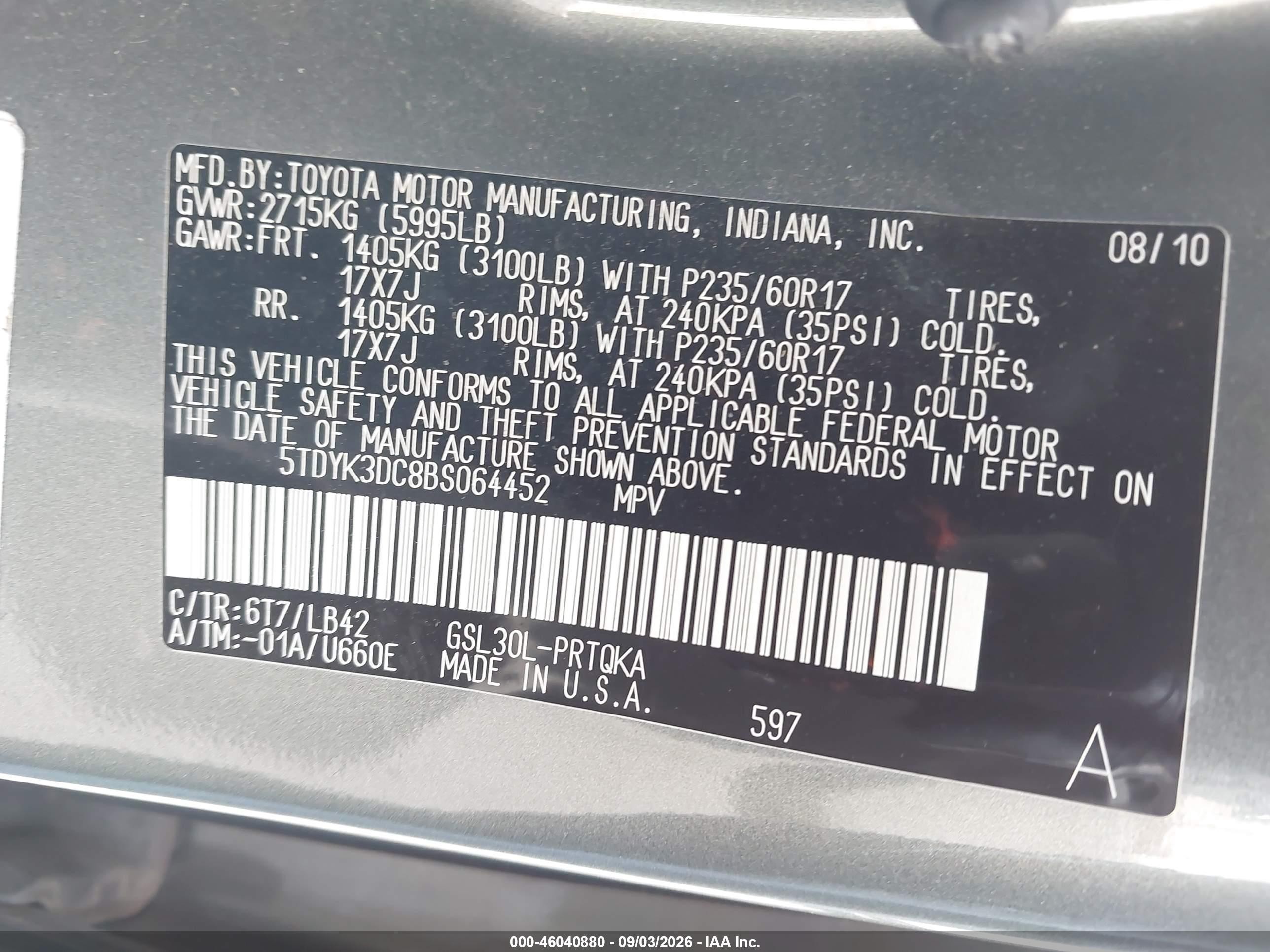 2011 Toyota Sienna Xle V6 Green vin: 5TDYK3DC8BS064452