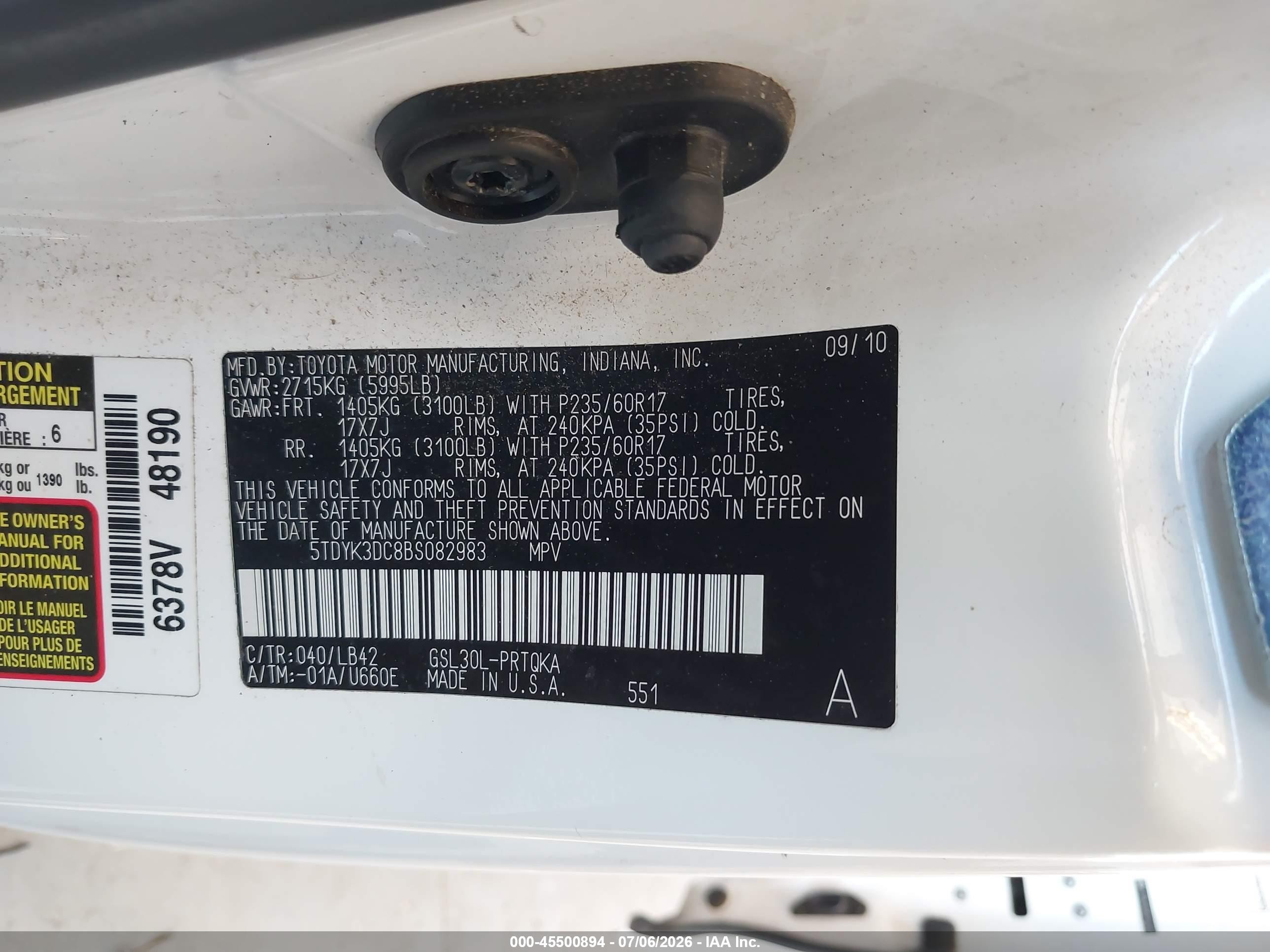 2011 Toyota Sienna Xle V6 White vin: 5TDYK3DC8BS082983