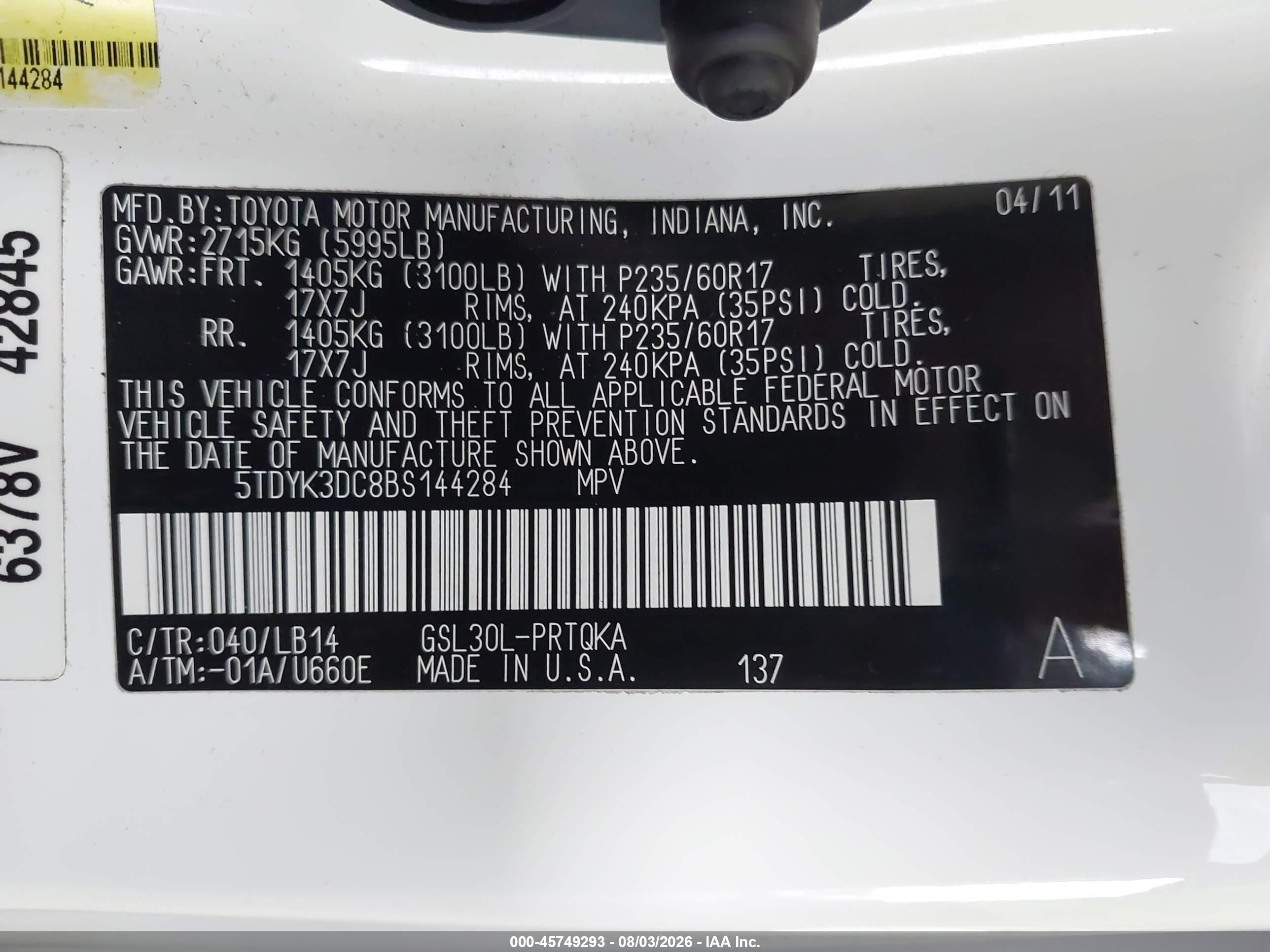 2011 Toyota Sienna Xle V6 White vin: 5TDYK3DC8BS144284