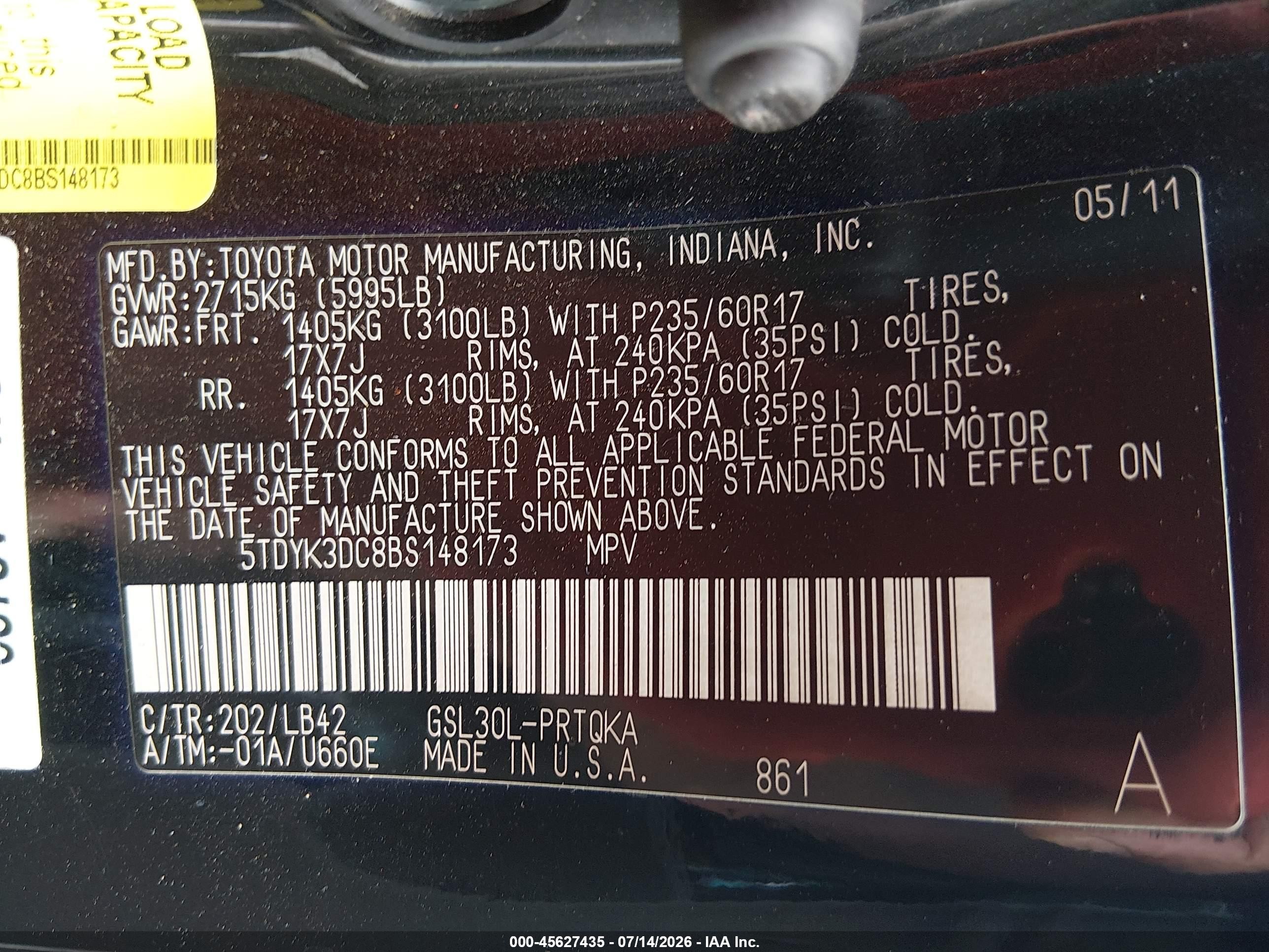 2011 Toyota Sienna Xle V6 Black vin: 5TDYK3DC8BS148173