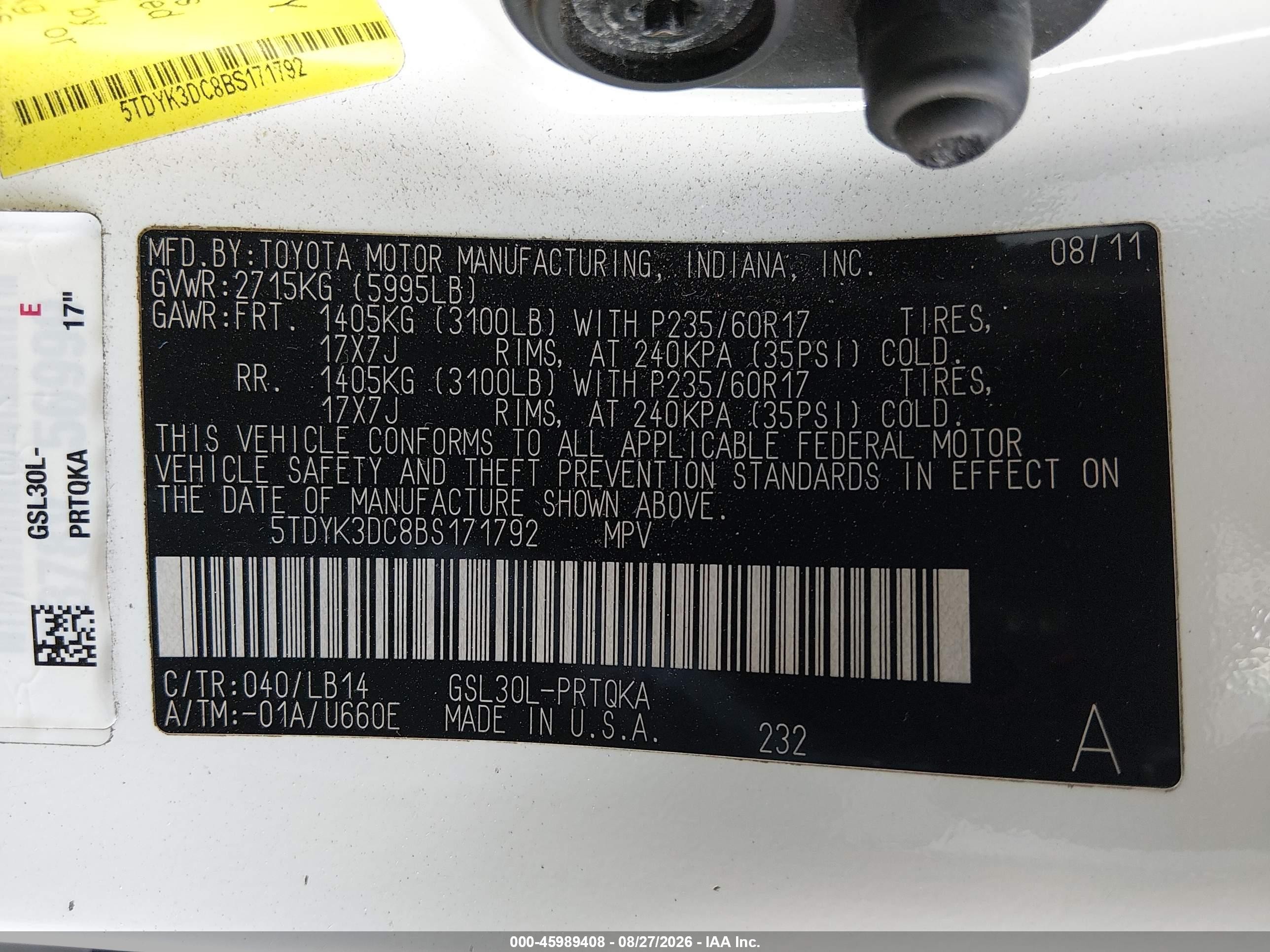 2011 Toyota Sienna Xle V6 Белый vin: 5TDYK3DC8BS171792