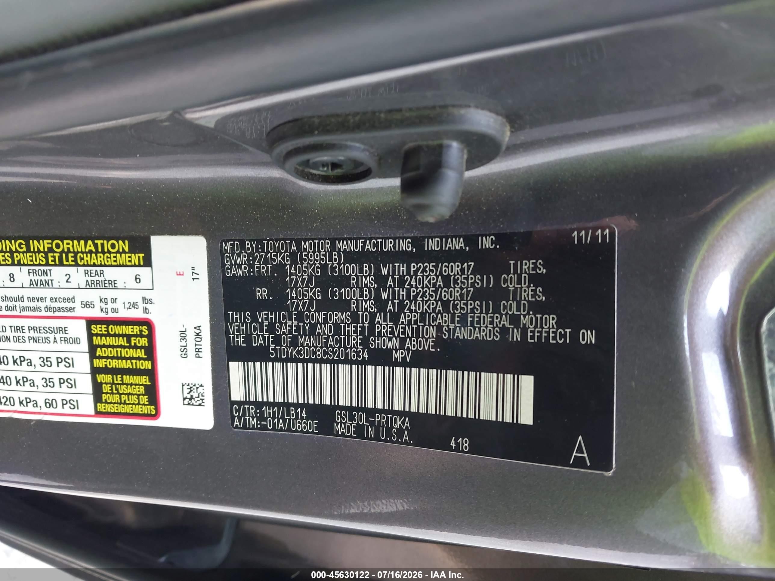 2012 Toyota Sienna Xle V6 8 Passenger Gray vin: 5TDYK3DC8CS201634