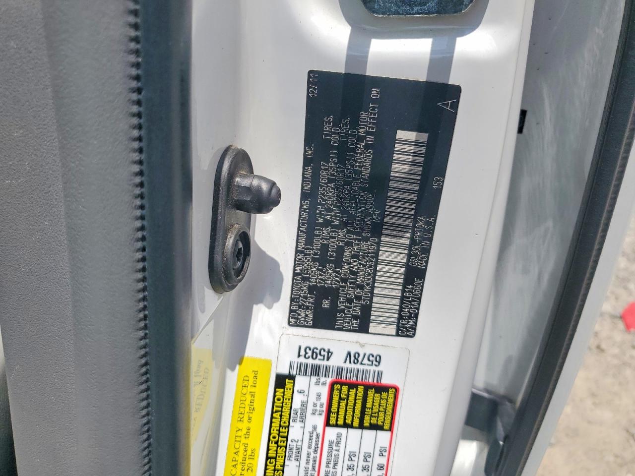 2012 Toyota Sienna Xle 8-passenger Белый vin: 5TDYK3DC8CS211970