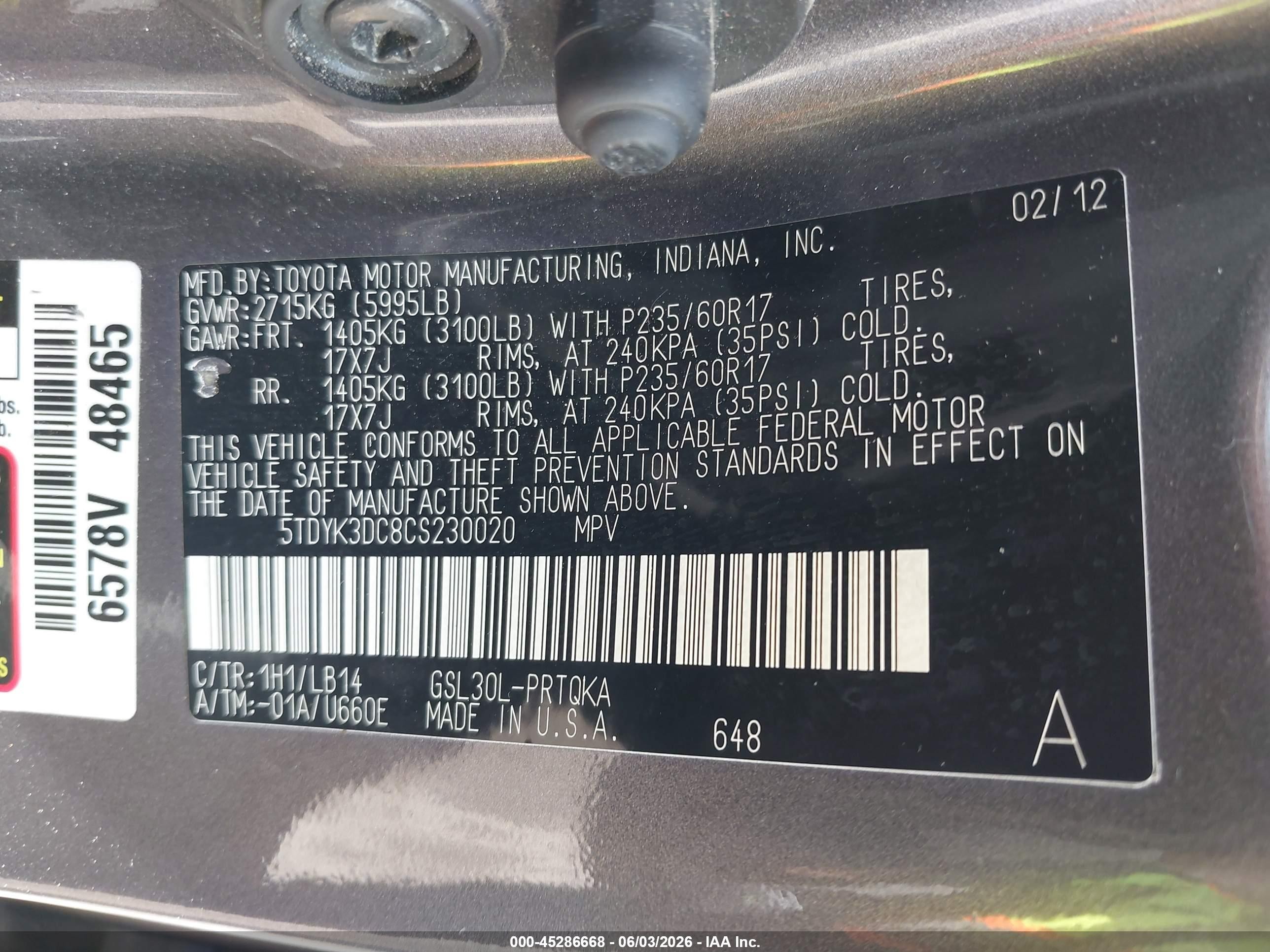 2012 Toyota Sienna Xle V6 8 Passenger Gray vin: 5TDYK3DC8CS230020