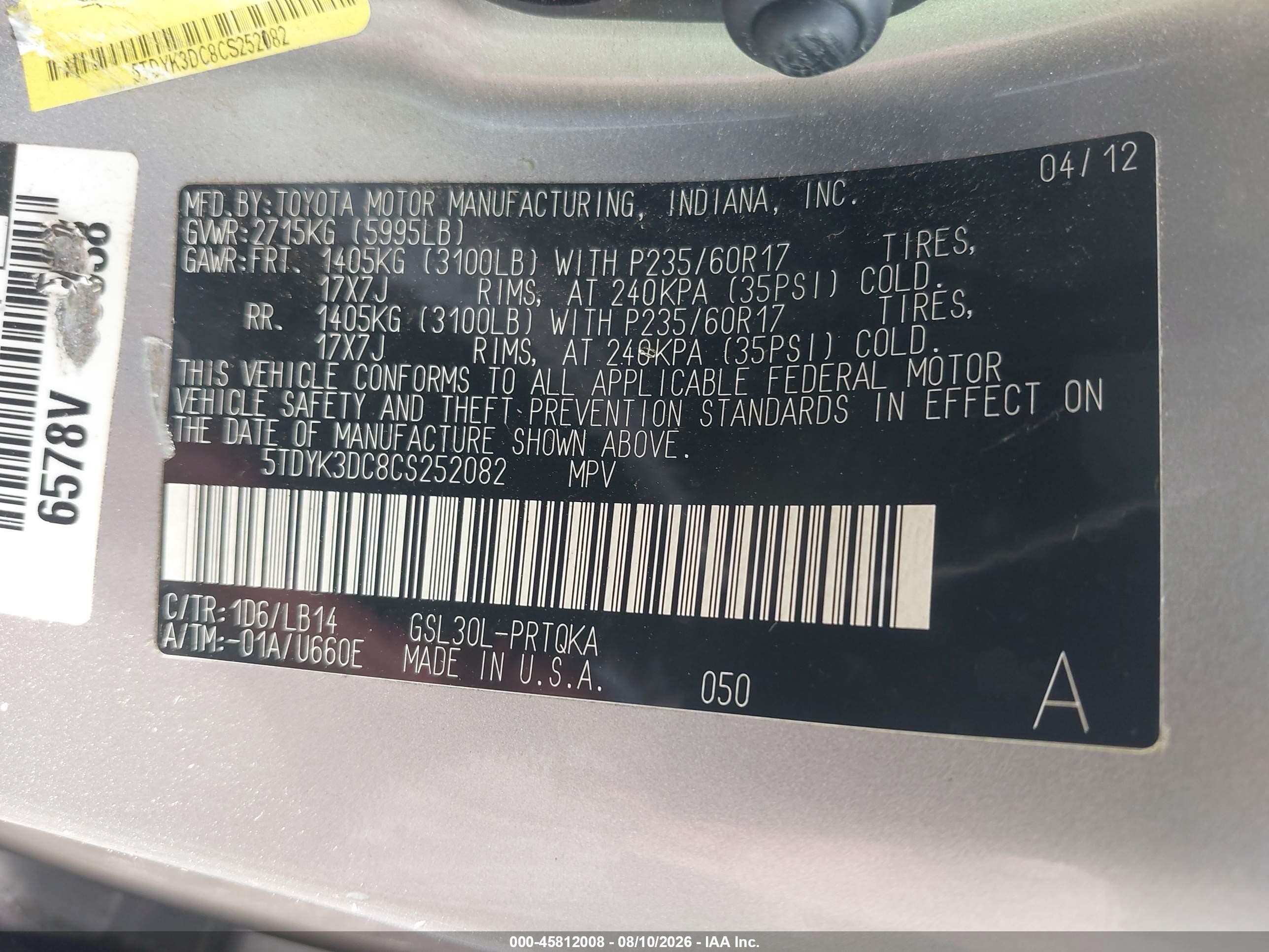 2012 Toyota Sienna Xle V6 8 Passenger Silver vin: 5TDYK3DC8CS252082