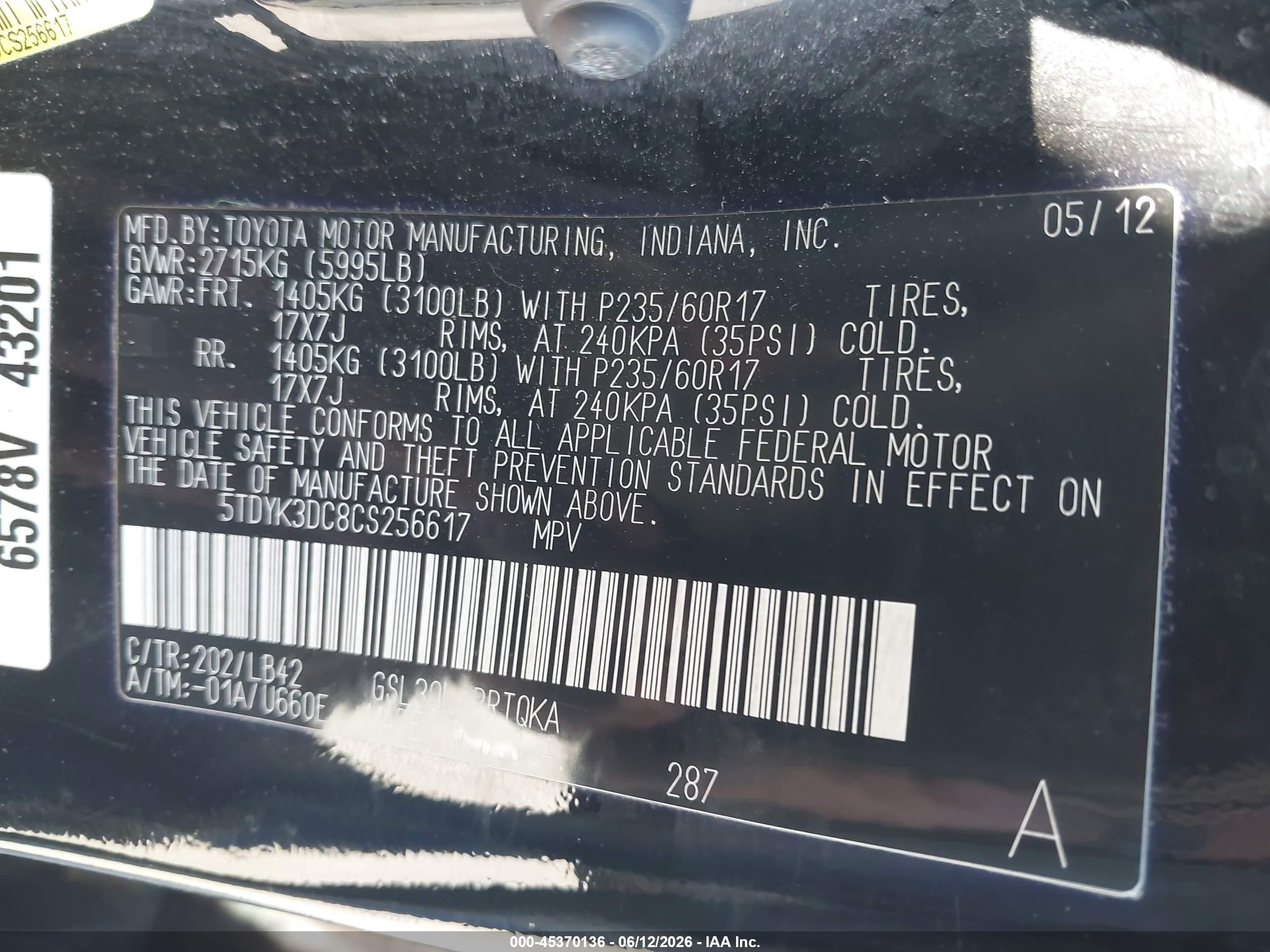 2012 Toyota Sienna Xle V6 8 Passenger Черный vin: 5TDYK3DC8CS256617