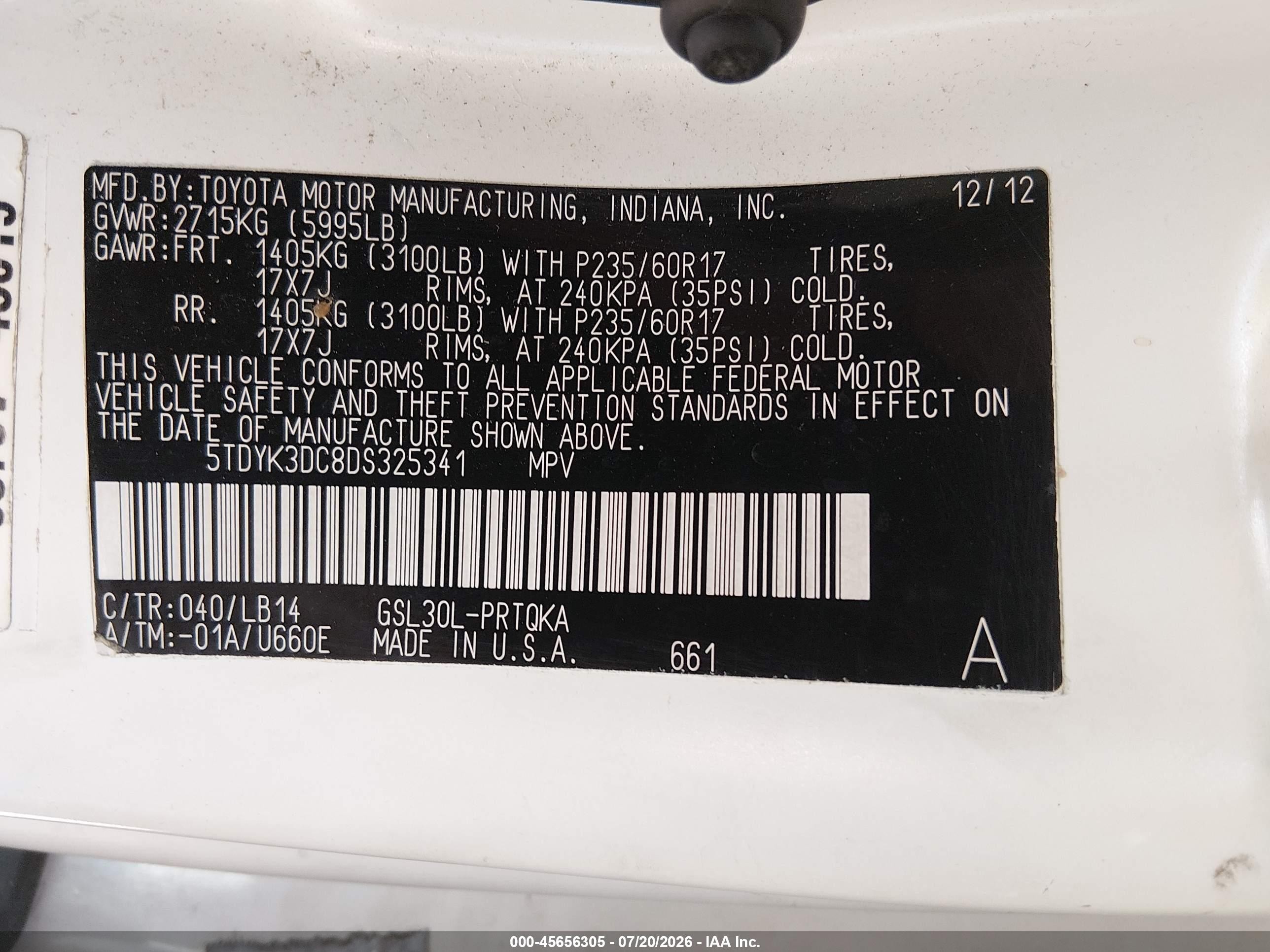 2013 Toyota Sienna Xle V6 8 Passenger White vin: 5TDYK3DC8DS325341