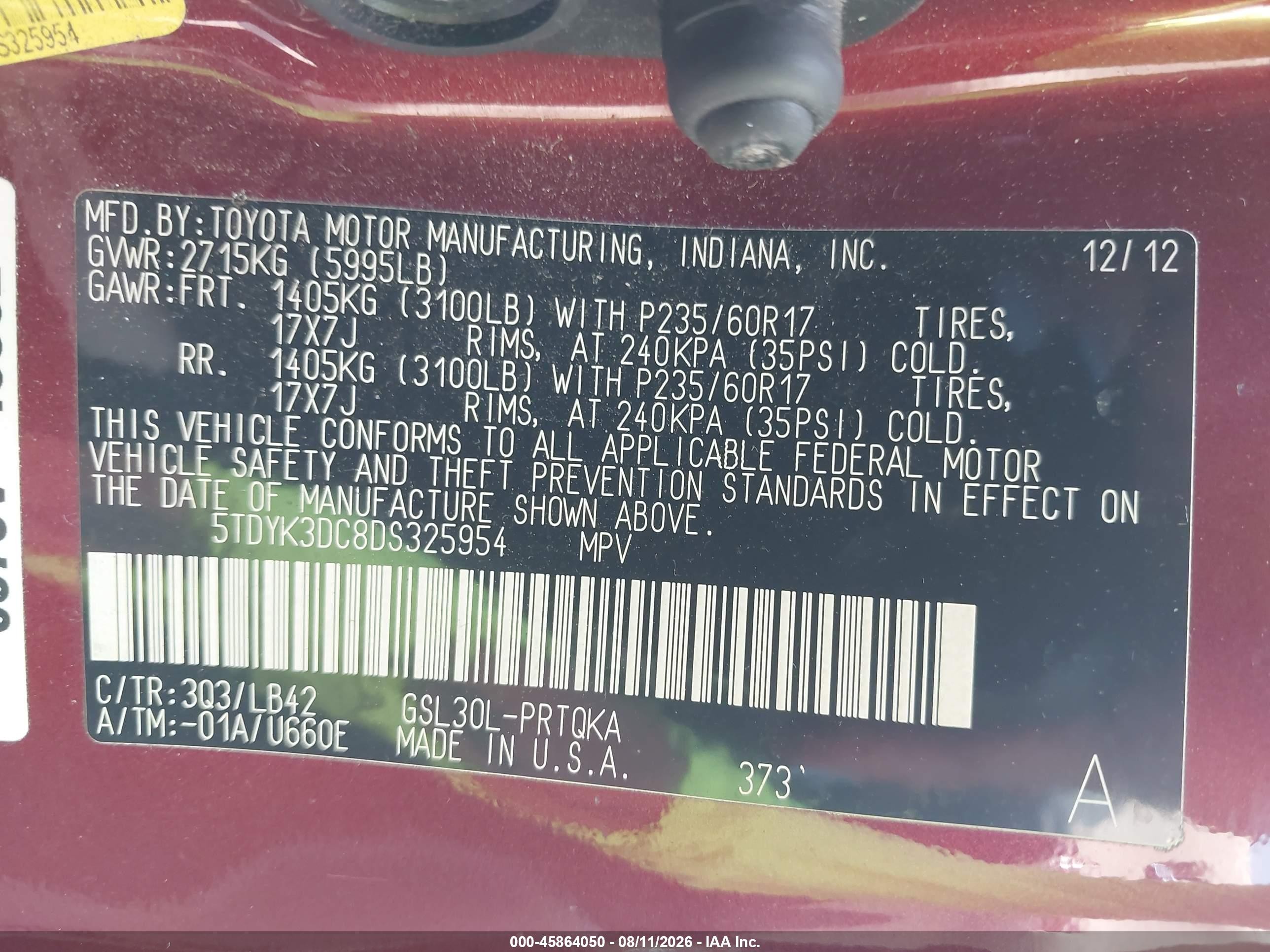2013 Toyota Sienna Xle V6 8 Passenger Красный vin: 5TDYK3DC8DS325954