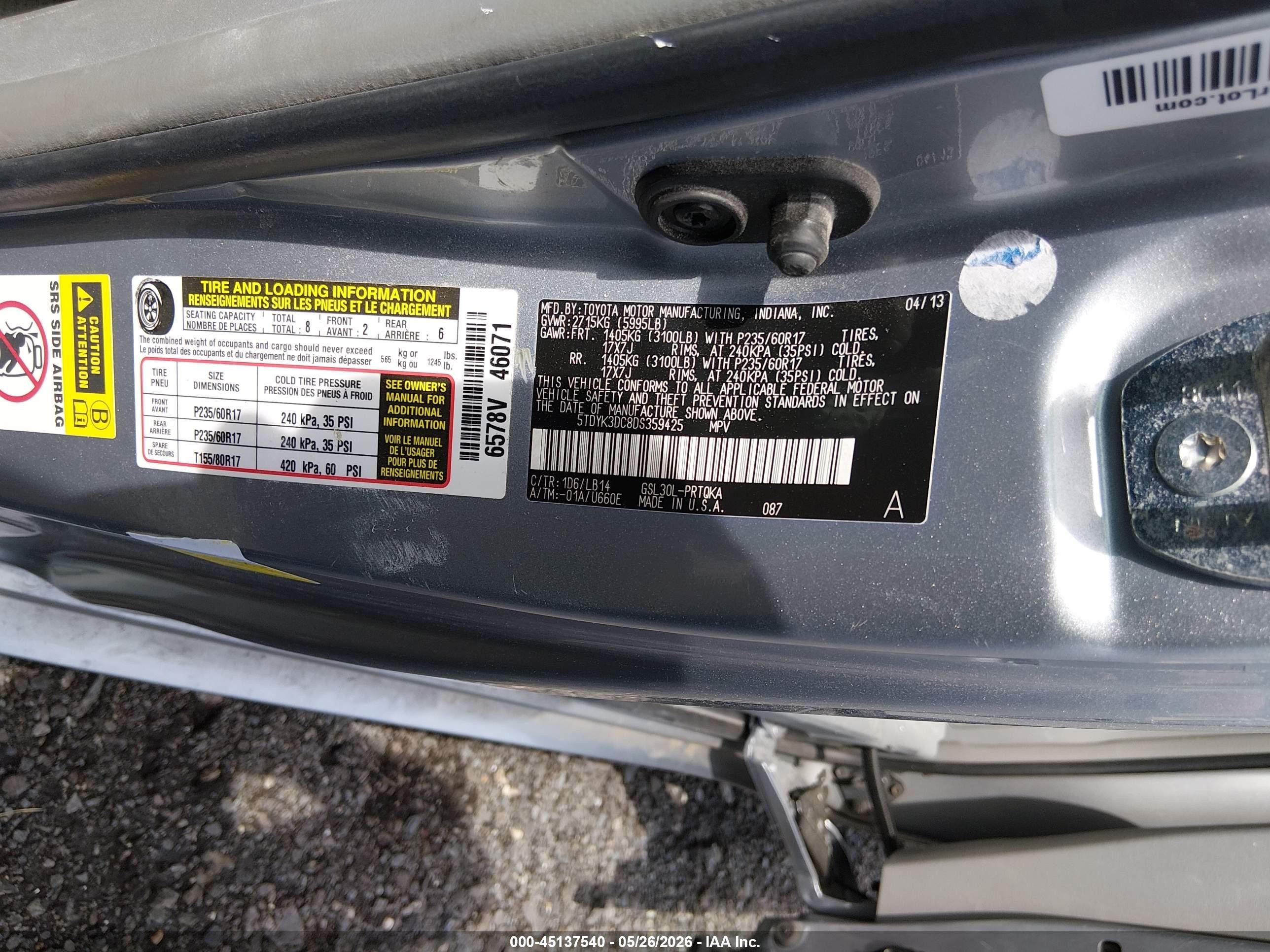 2013 Toyota Sienna Xle V6 8 Passenger Silver vin: 5TDYK3DC8DS359425