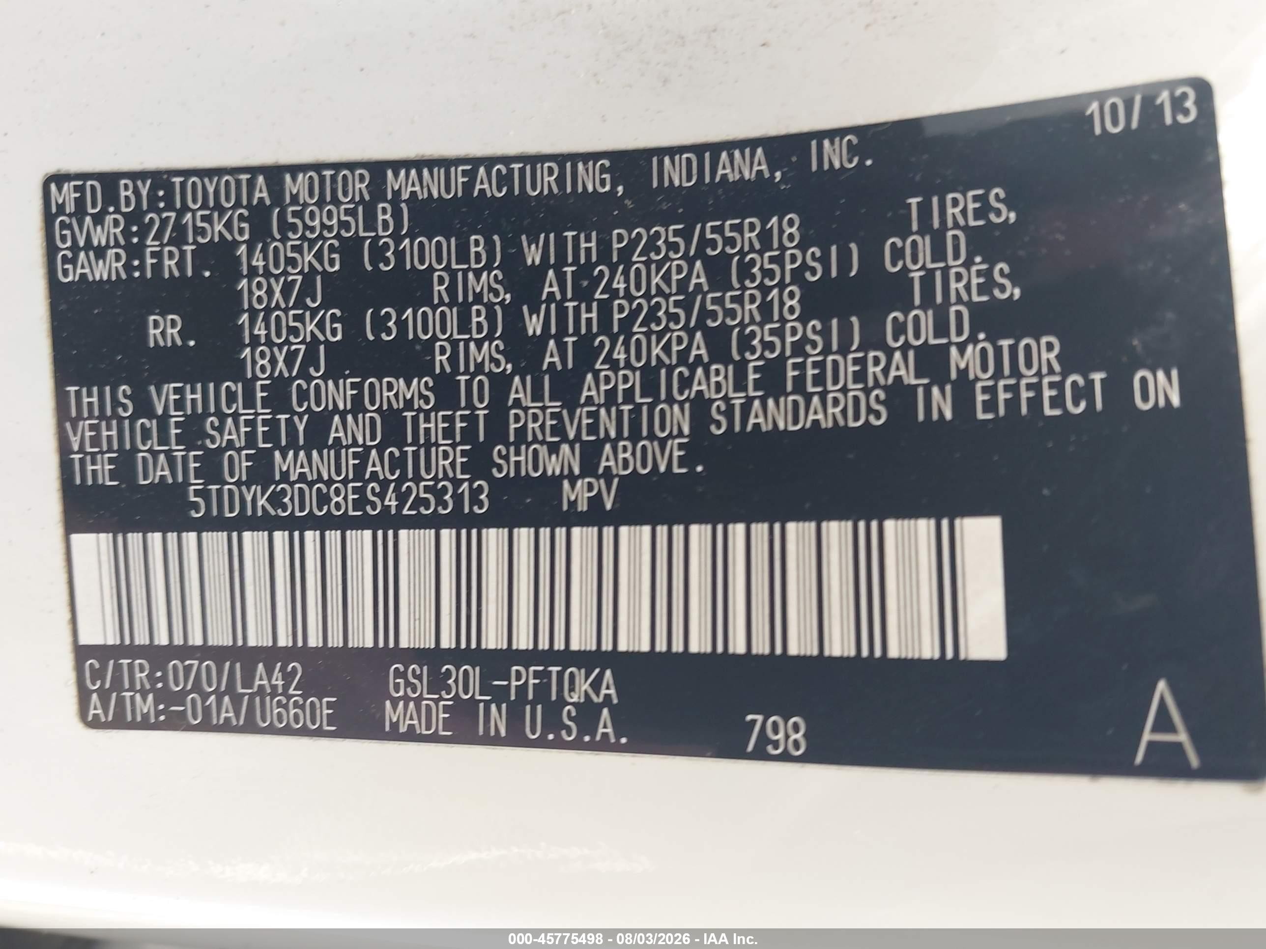 2014 Toyota Sienna Limited V6 7 Passenger White vin: 5TDYK3DC8ES425313