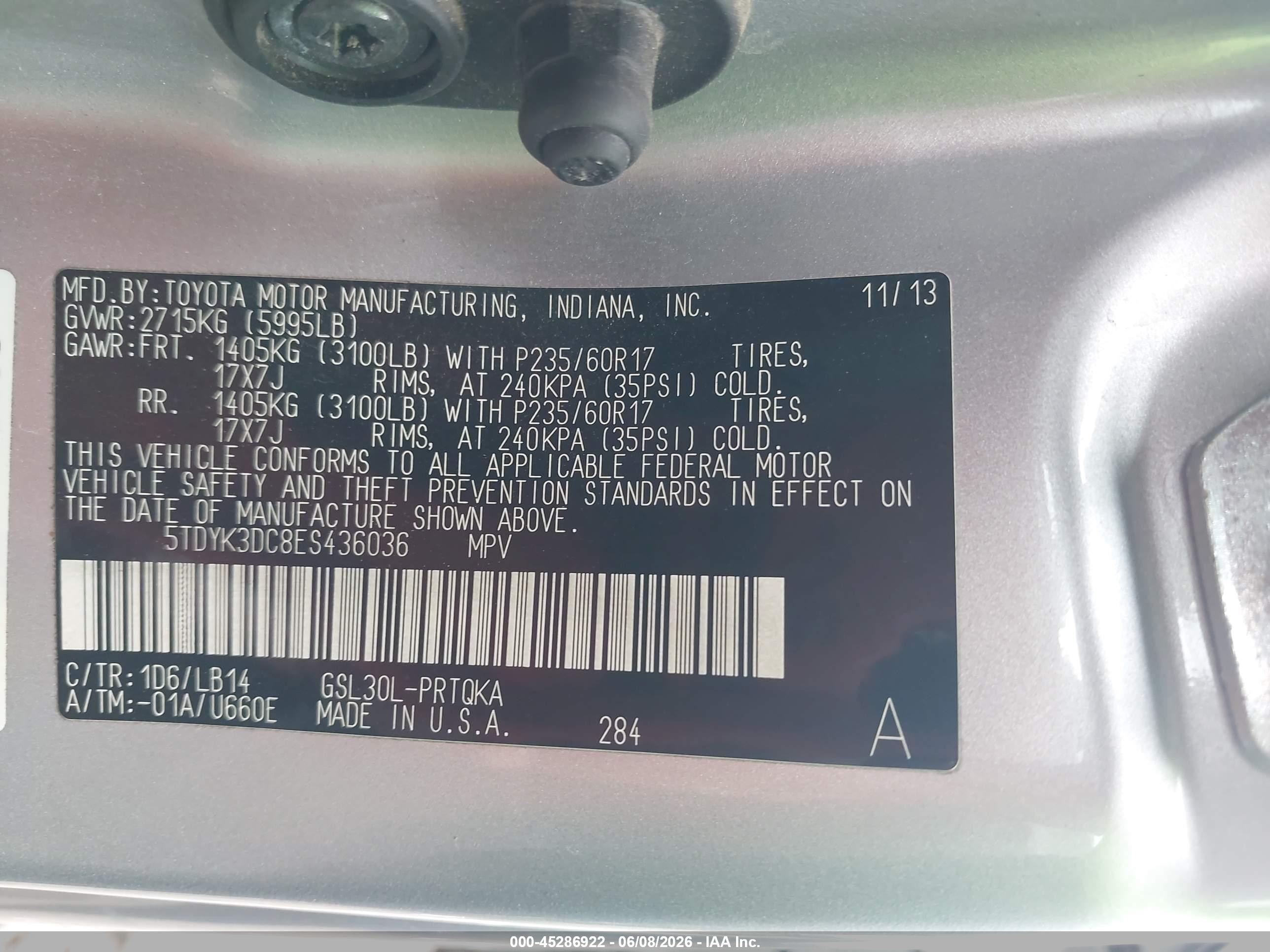 2014 Toyota Sienna Xle V6 8 Passenger Silver vin: 5TDYK3DC8ES436036
