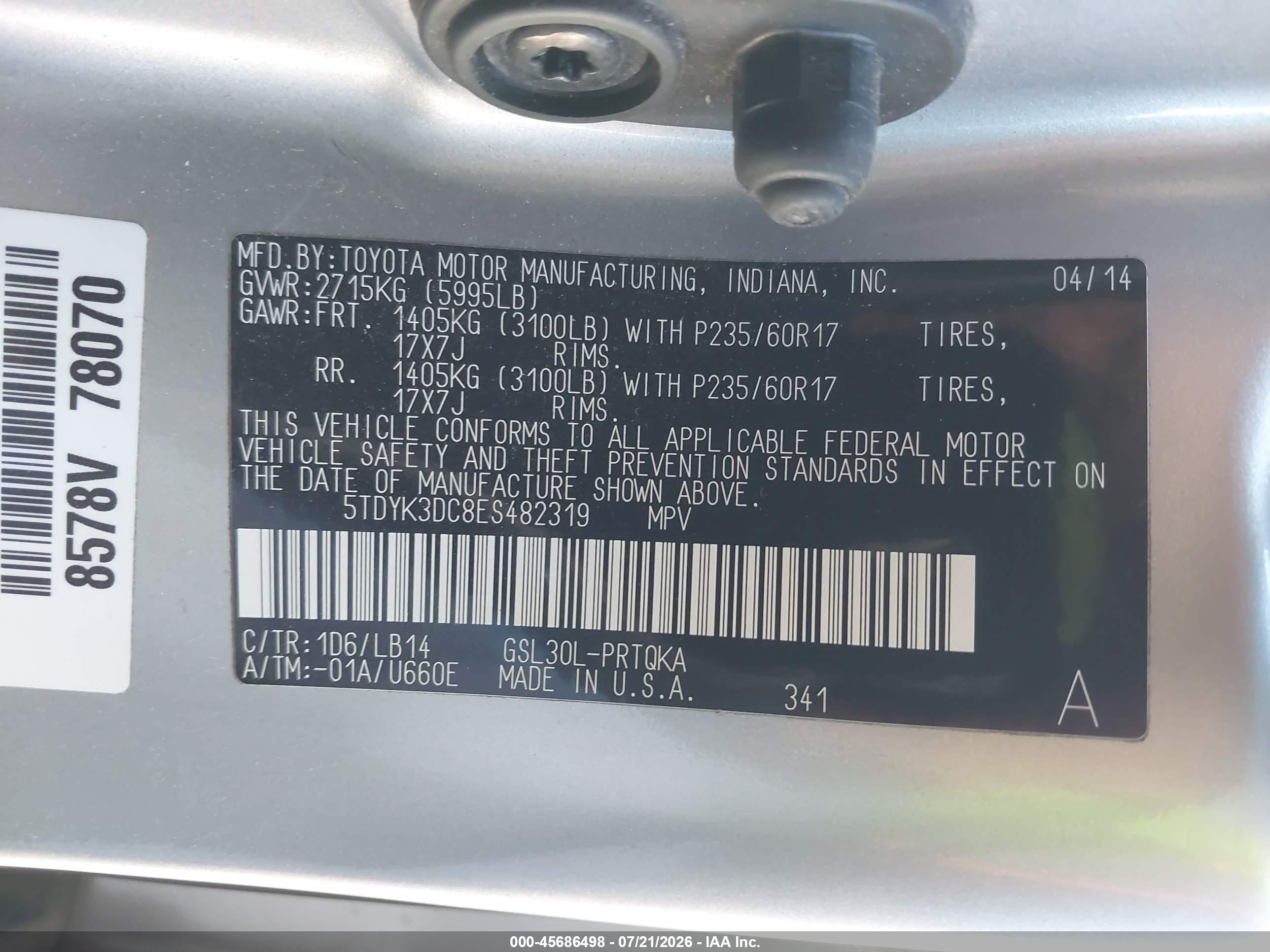 2014 Toyota Sienna Xle V6 8 Passenger Silver vin: 5TDYK3DC8ES482319