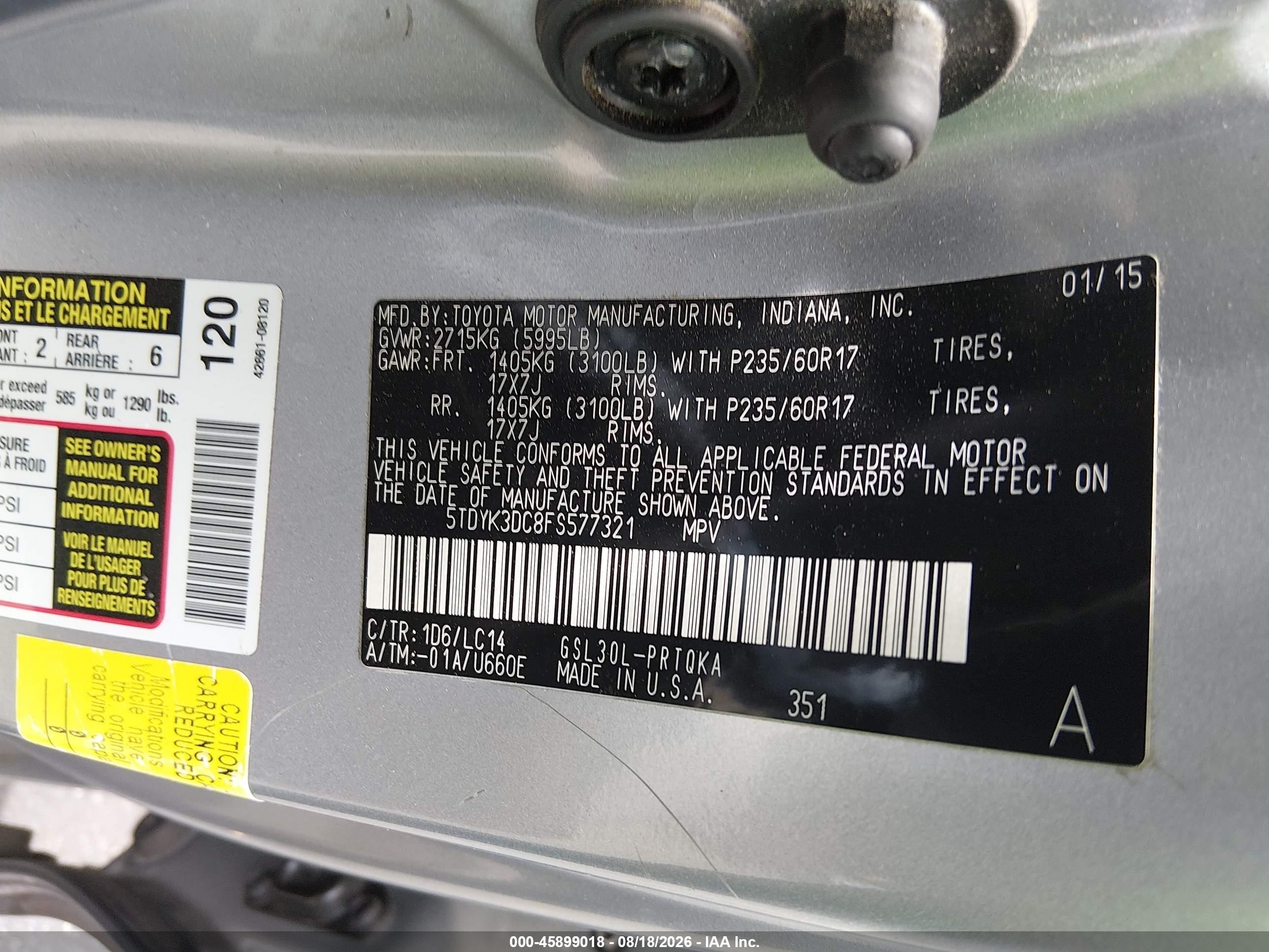 2015 Toyota Sienna Xle 8 Passenger Silver vin: 5TDYK3DC8FS577321