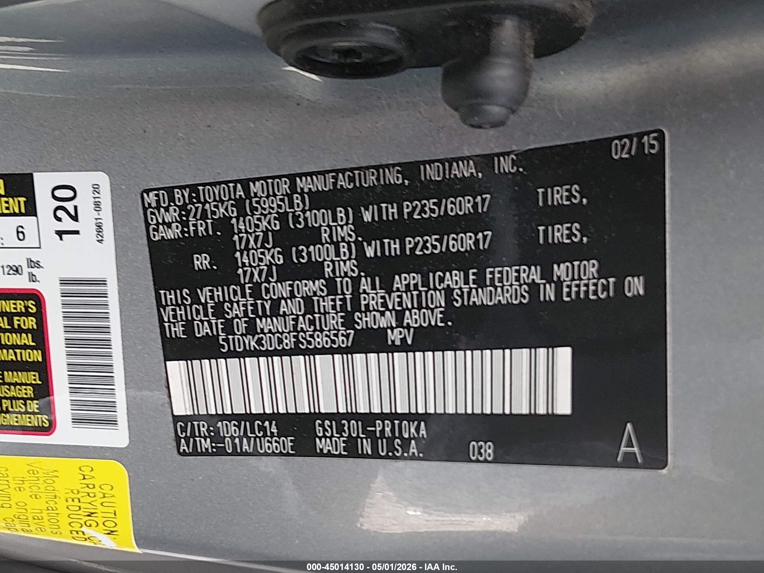 2015 Toyota Sienna Xle 8 Passenger Silver vin: 5TDYK3DC8FS586567