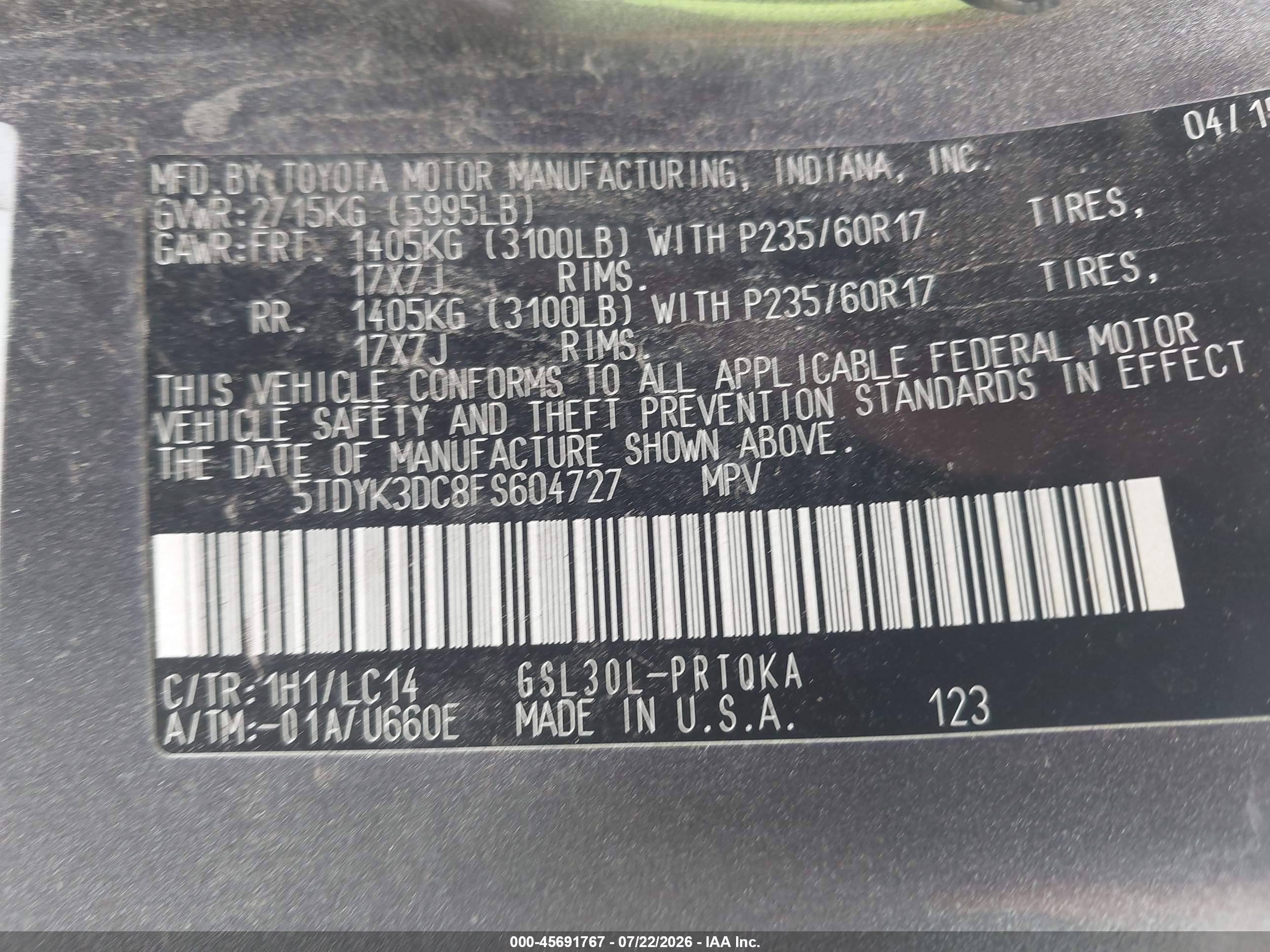 2015 Toyota Sienna Xle 8 Passenger Gray vin: 5TDYK3DC8FS604727