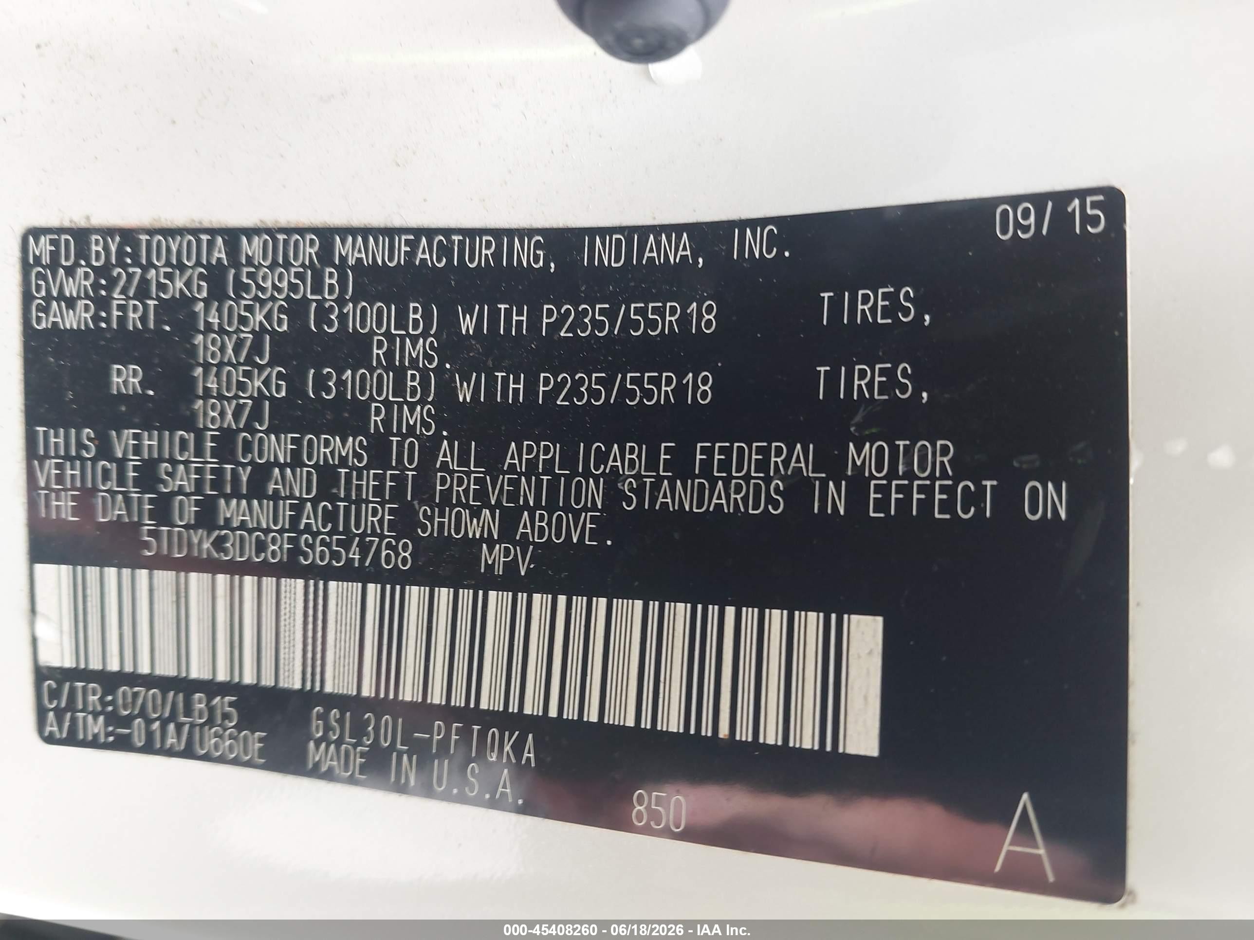 2015 Toyota Sienna Limited Premium 7 Passenger White vin: 5TDYK3DC8FS654768