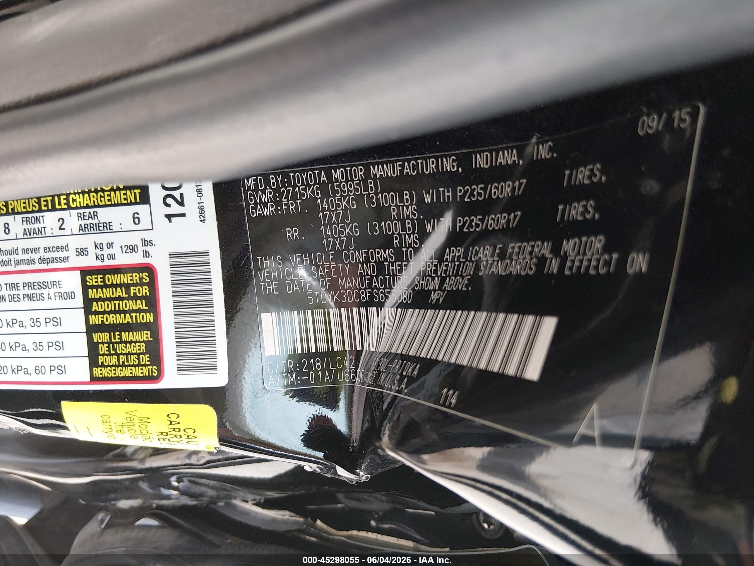 2015 Toyota Sienna Xle 8 Passenger Black vin: 5TDYK3DC8FS655080