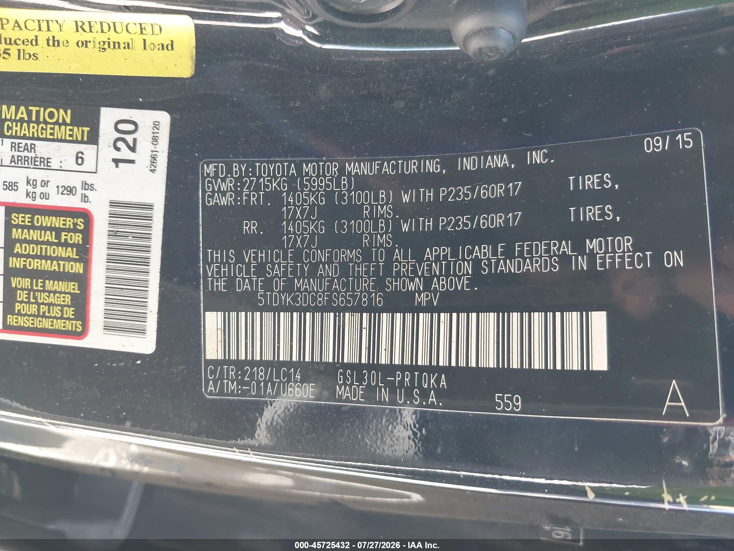 2015 Toyota Sienna Xle 8 Passenger Black vin: 5TDYK3DC8FS657816