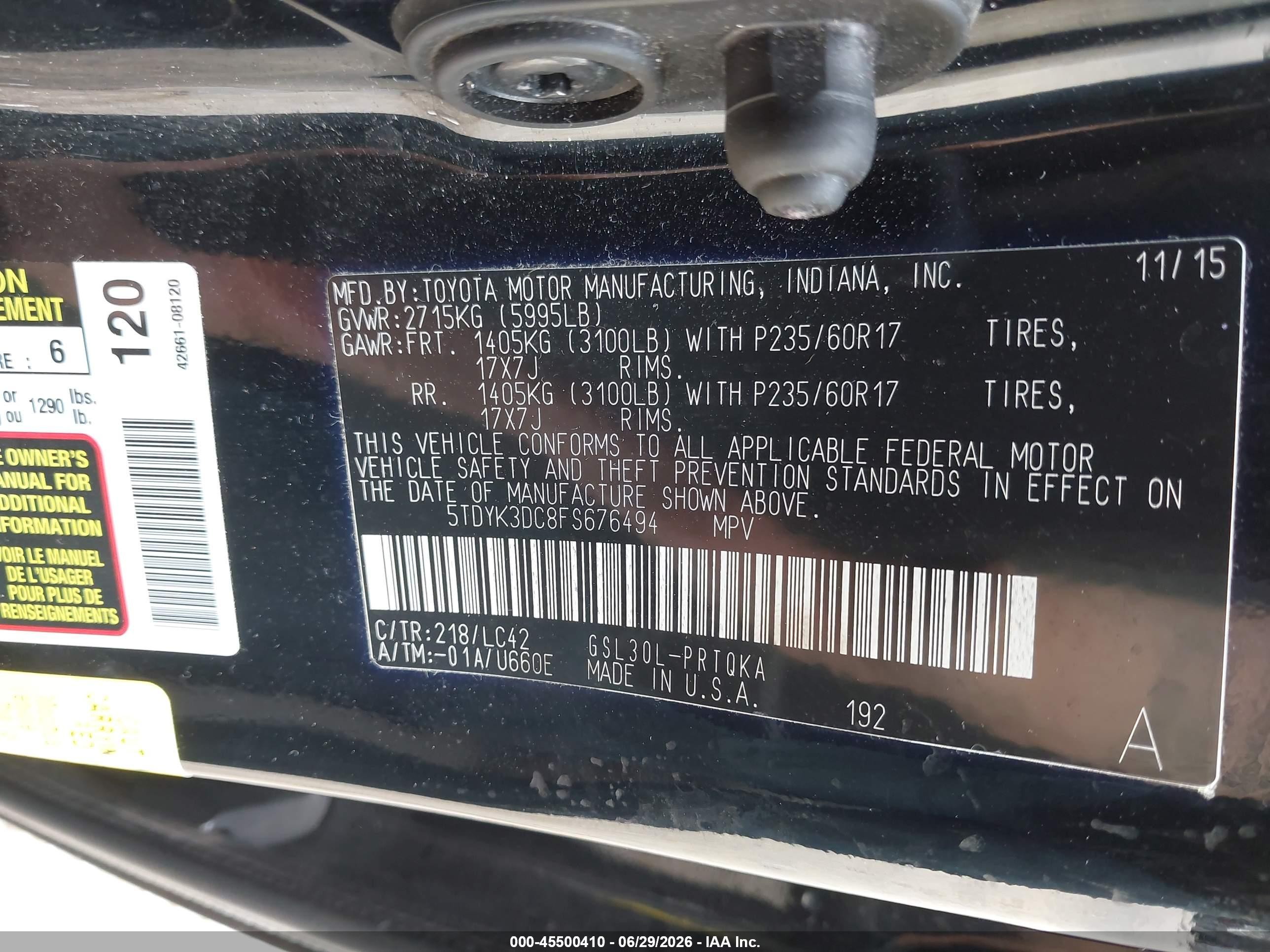 2015 Toyota Sienna Xle 8 Passenger Black vin: 5TDYK3DC8FS676494