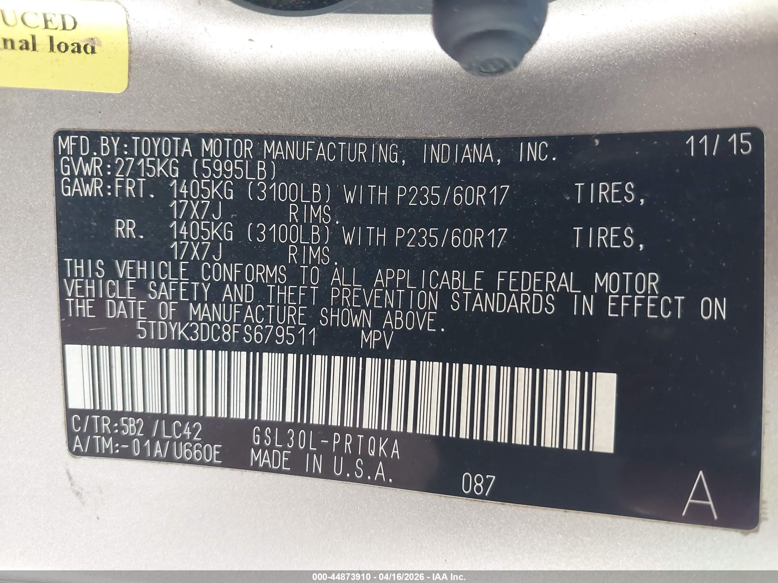 2015 Toyota Sienna Xle Premium 8 Passenger Silver vin: 5TDYK3DC8FS679511
