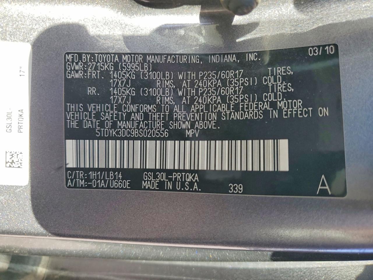 2011 Toyota Sienna Xle 8-passenger Gray vin: 5TDYK3DC9BS020556