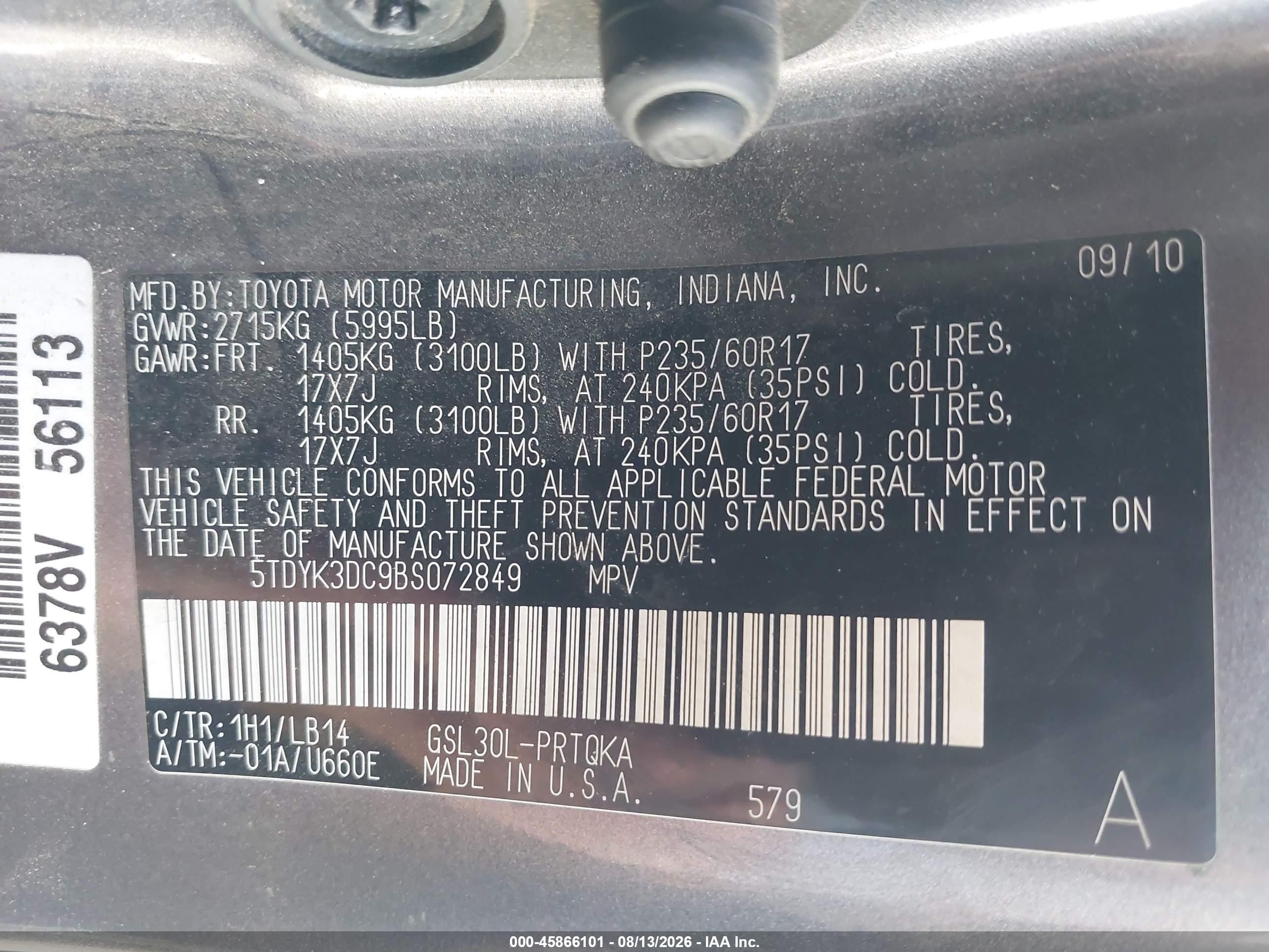 2011 Toyota Sienna Xle V6 Серый vin: 5TDYK3DC9BS072849
